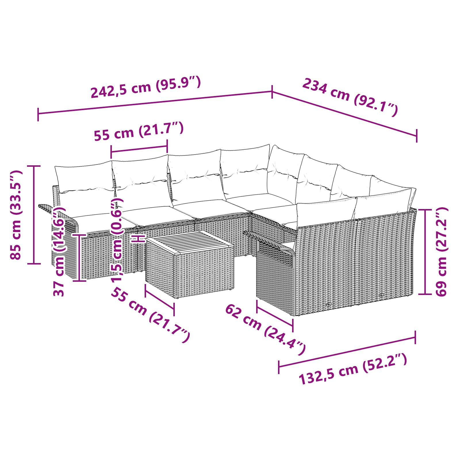 Set canapea grădină 9 piese cu perne negre din poliratan GartenMobel Dekor