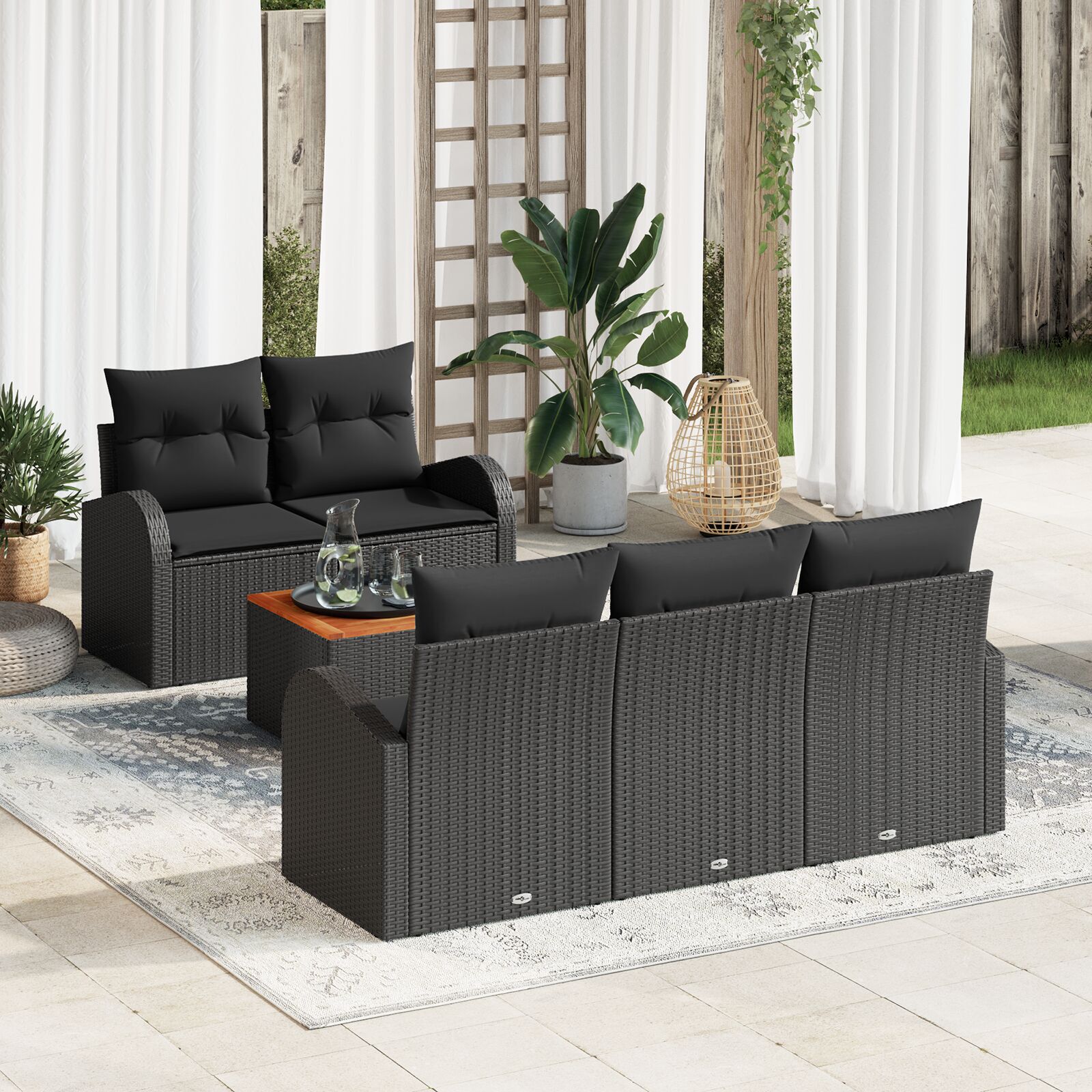 Set de Sofa pentru Grădină 6 Piese cu Perne Negru Ratan Poliester Acacia GartenMobel Dekor