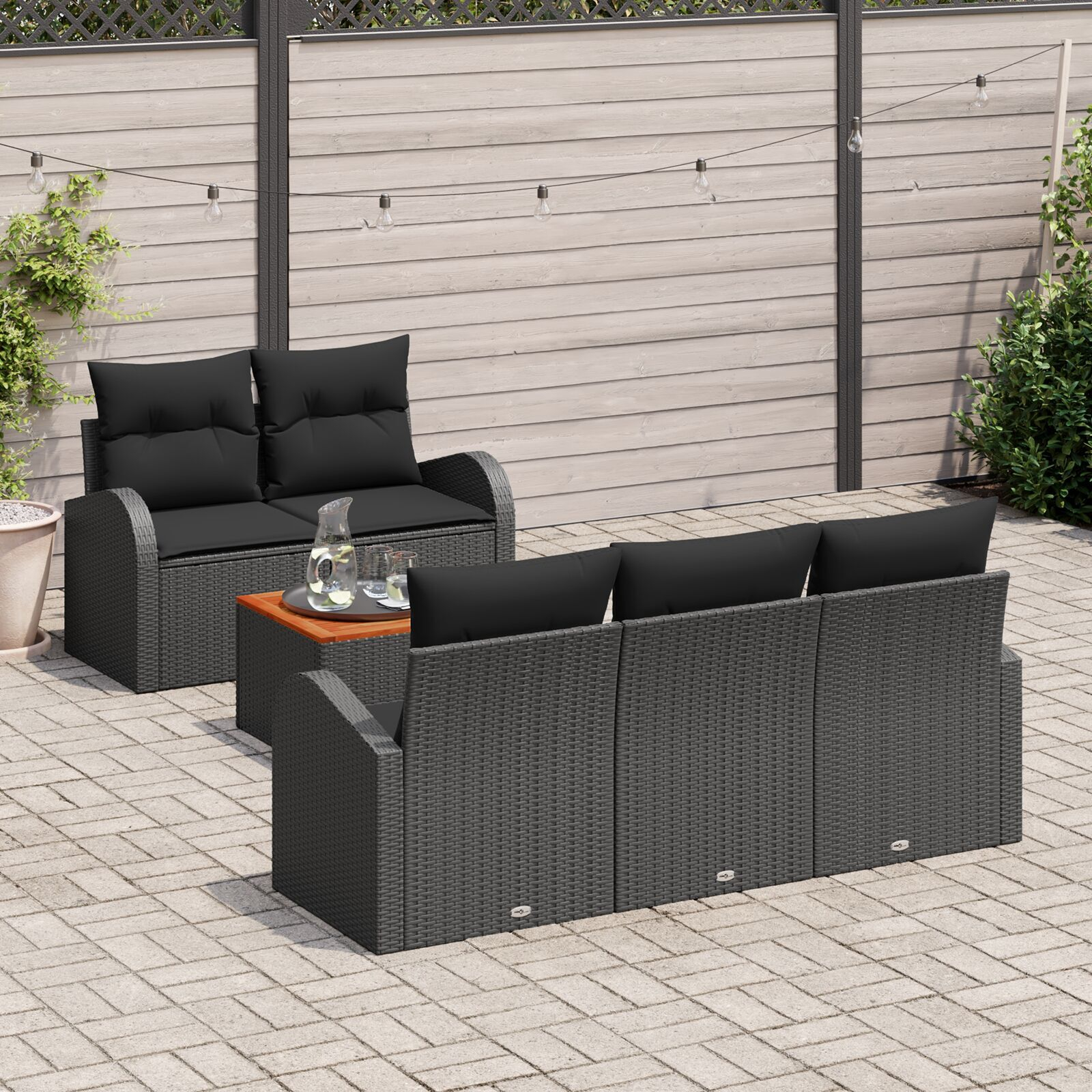 Set de Sofa pentru Grădină 6 Piese cu Perne Negru Ratan Poliester Acacia GartenMobel Dekor