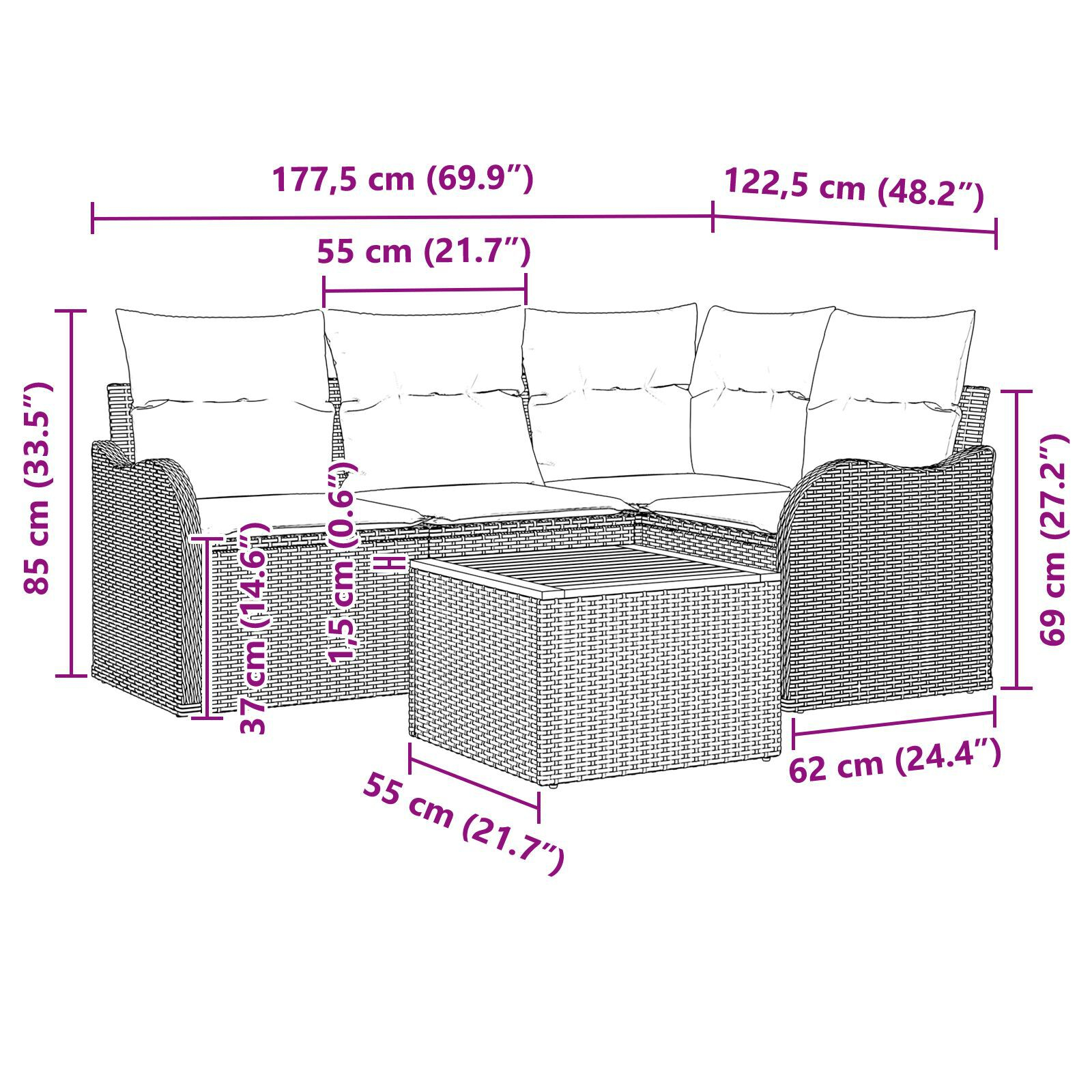 Set canapea de grădină cu 5 piese și perne Ratan poli negru Acacia, Canapea de grădină cu 2 locuri și perne Ratan poli negru GartenMobel Dekor