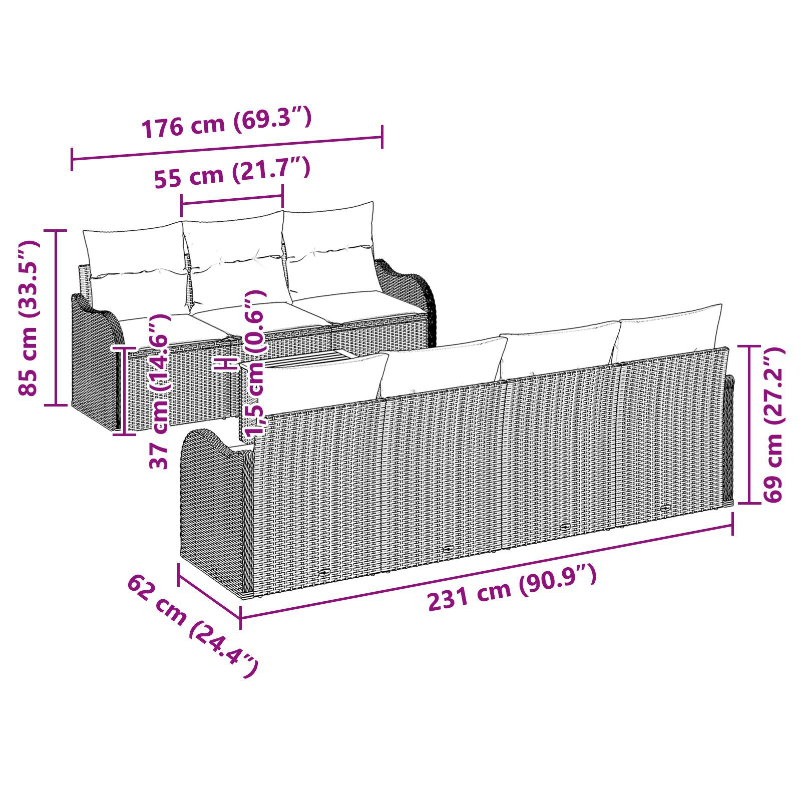 Set canapea grădină 8 piese cu perne gri poliratan Acacia, Canapea grădină 2 locuri cu perne gri poliratan GartenMobel Dekor