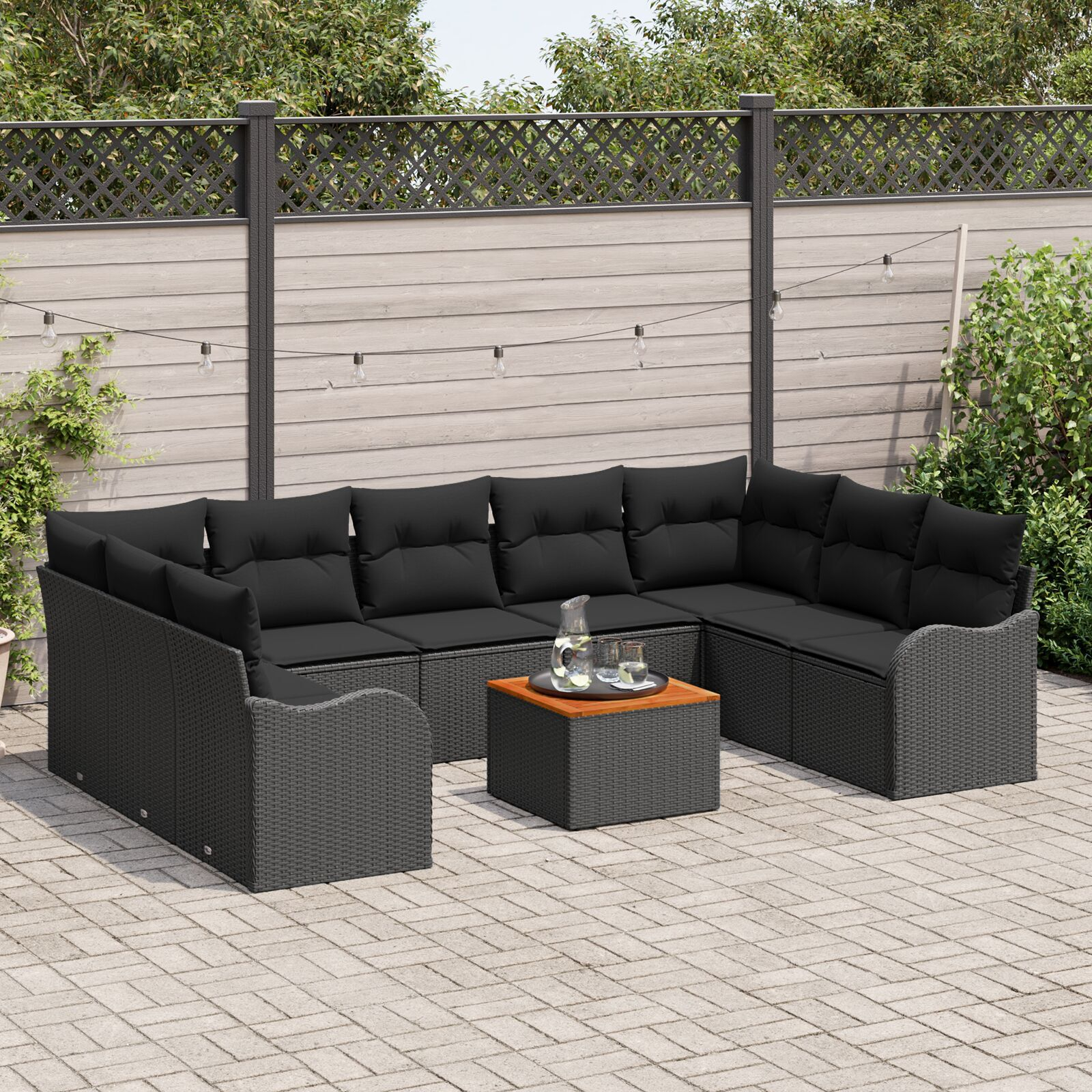 Set canapea grădină 10 piese cu perne Ratan polyester negru Acacia, Canapea grădină 2 locuri cu perne Ratan polyester negru GartenMobel Dekor