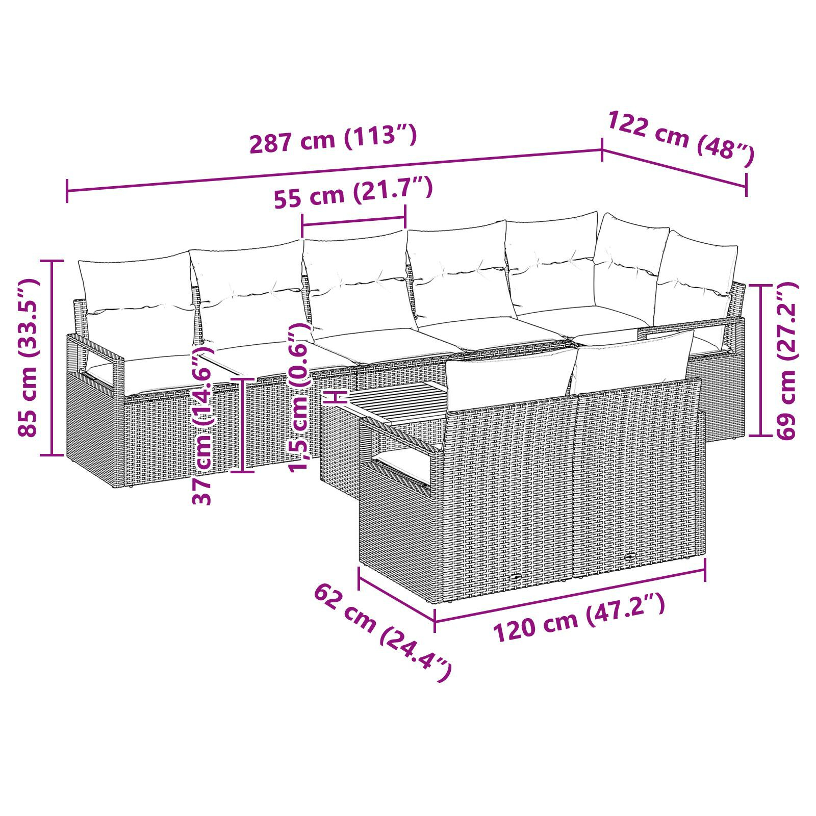 Set canapea grădină cu 9 piese și perne din rattan poli negru și acacia, Canapea grădină 2 locuri și perne din rattan poli negru GartenMobel Dekor