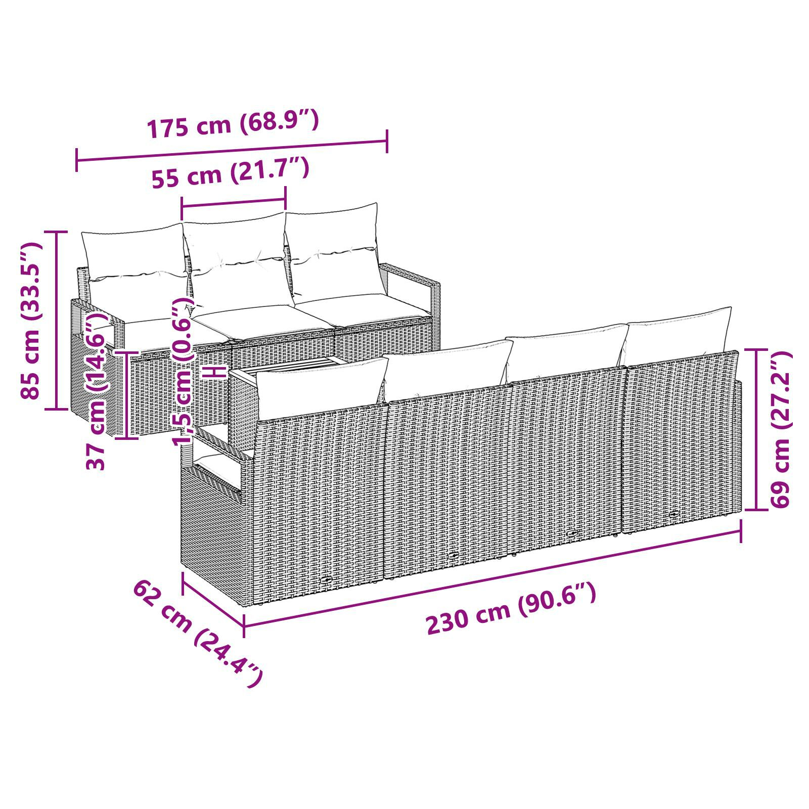 Set de Canapea de Grădină cu 8 Piese și Perne Negru Poliratan Acacia, Canapea de Grădină cu 2 Locuri și Perne Negru Poliratan GartenMobel Dekor