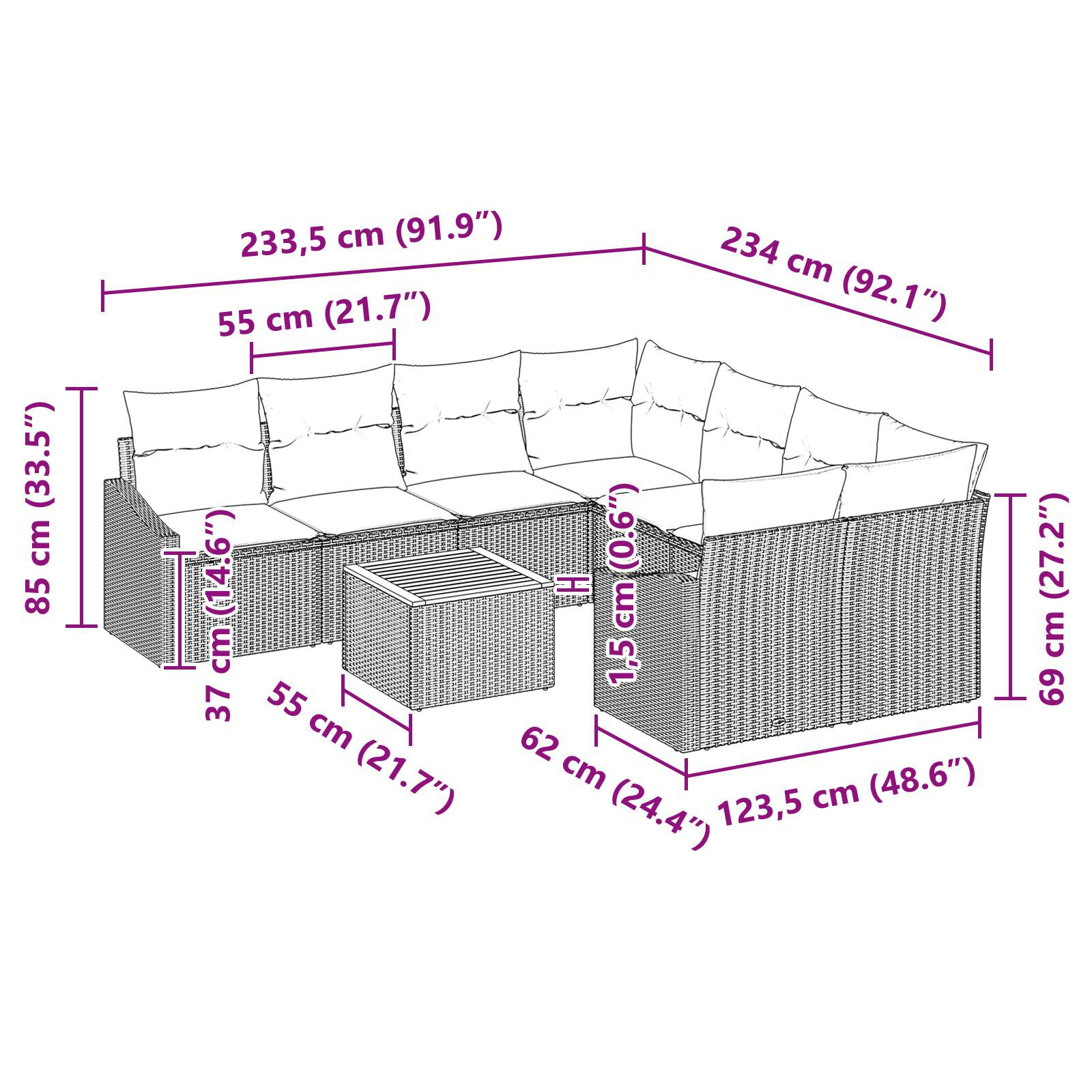 Set canapea pentru grădină cu perne, negru poliratan, acacia GartenMobel Dekor