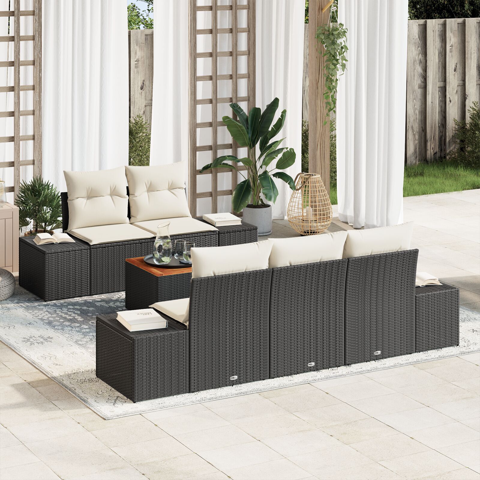 Set de Sofa de Grădină de 6 Piese cu Perne Negre din Ratan Poli Acacia GartenMobel Dekor