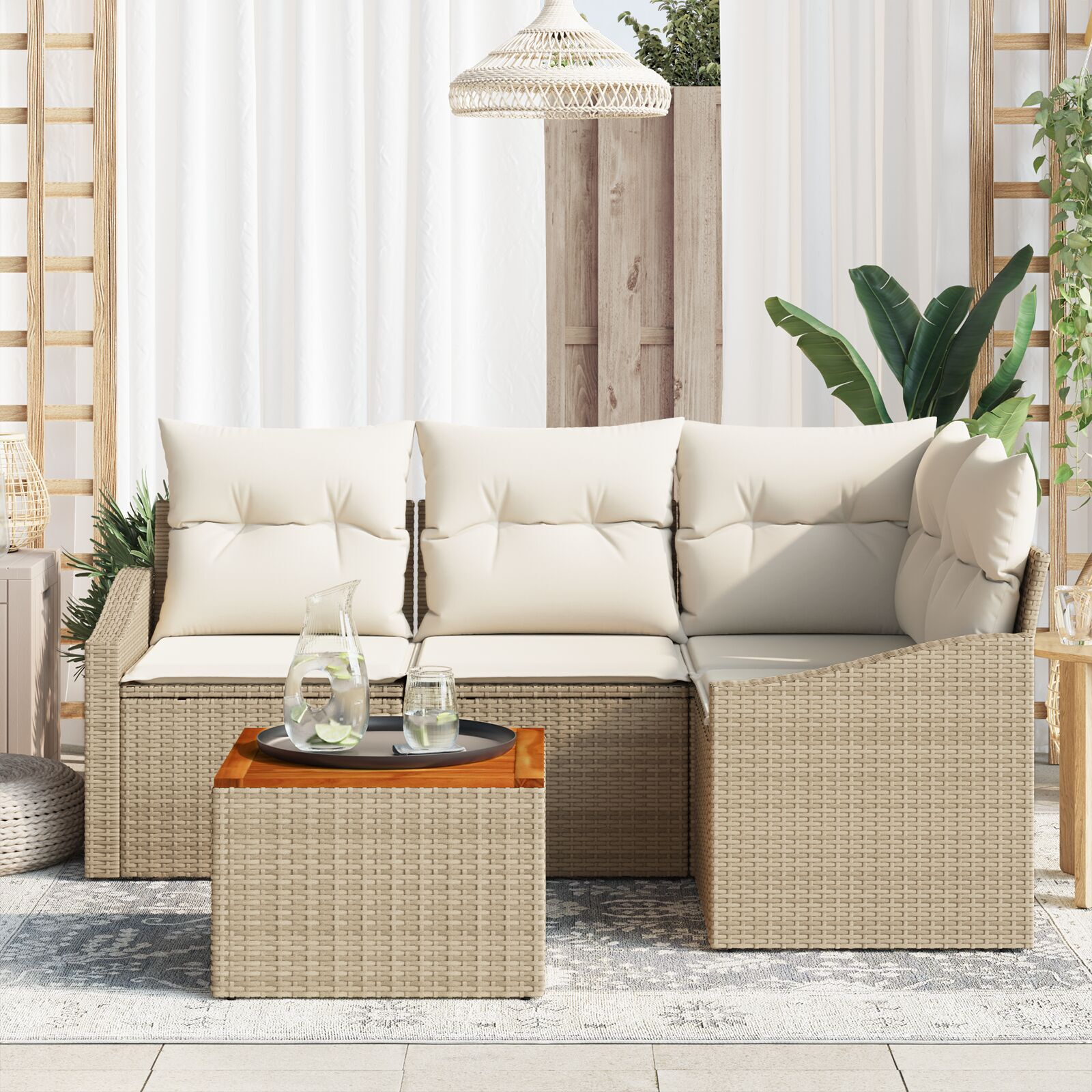 Set de sofa de grădină 5 Piese cu perne Bej Poliratan Acacia GartenMobel Dekor