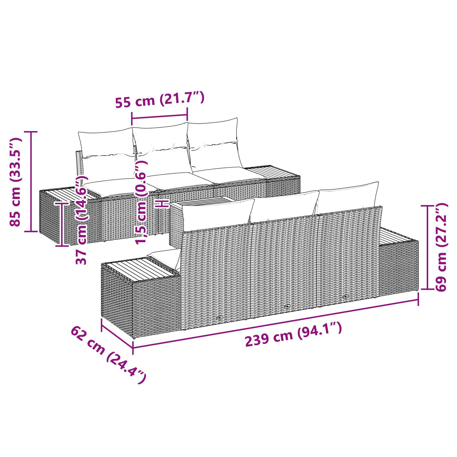 Set canapea 7 piese și perne Negru Poliratan Acacia GartenMobel Dekor