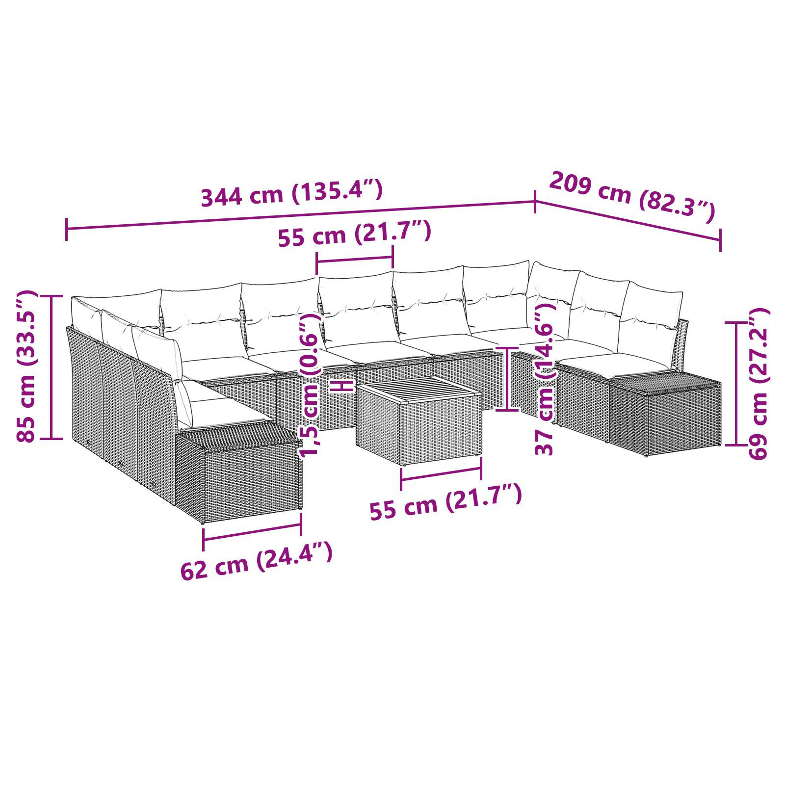 Set de canapea 11 Piese cu Perne Bej Ratan Poli Acacia GartenMobel Dekor