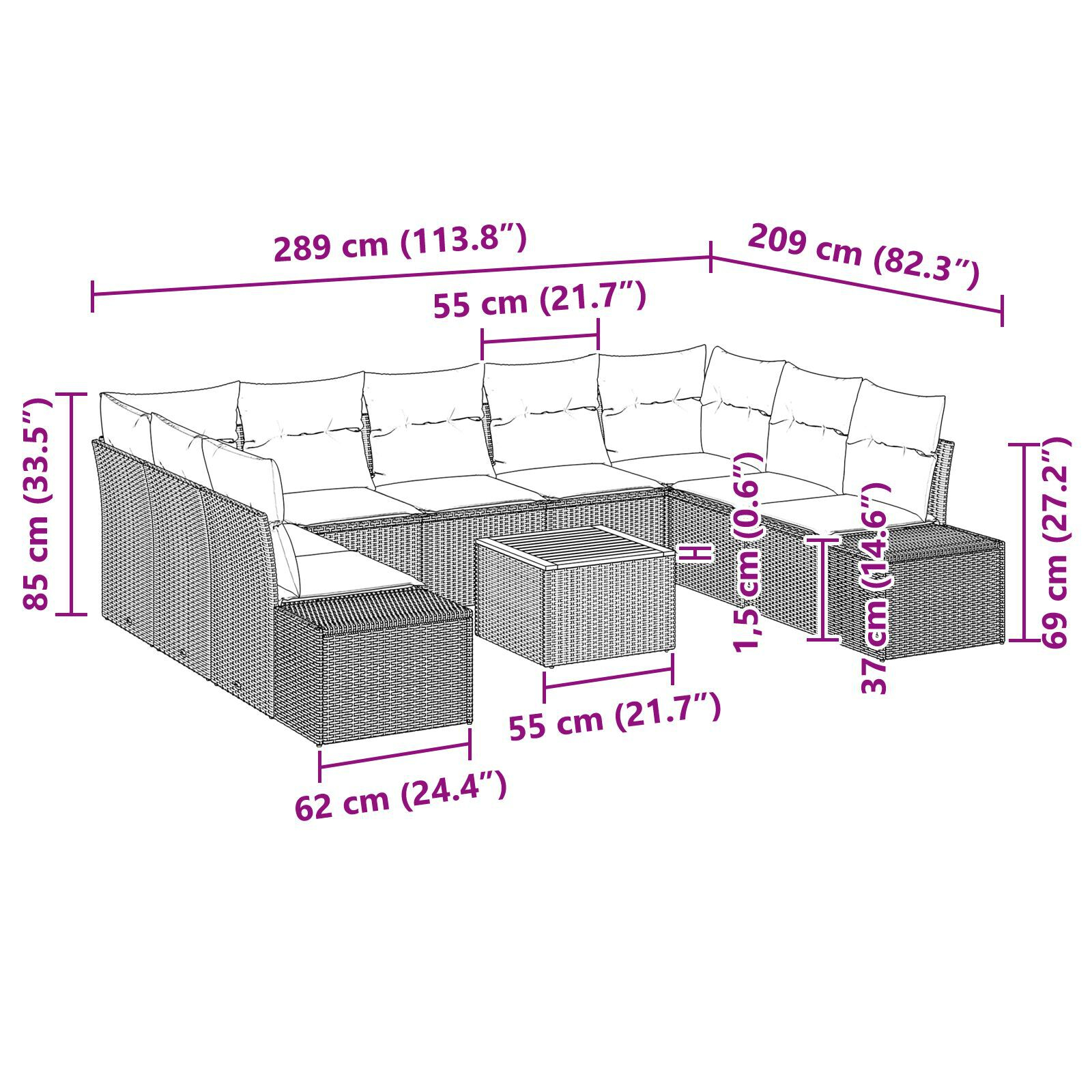 Set de canapele de grădină din 10 piese cu perne din ratan negru și acacia GartenMobel Dekor