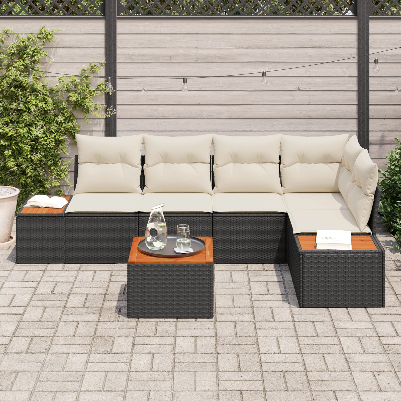 Set Canapea Grădină de 6 Piese cu Perne Negru Ratan Polimeric Acacia GartenMobel Dekor