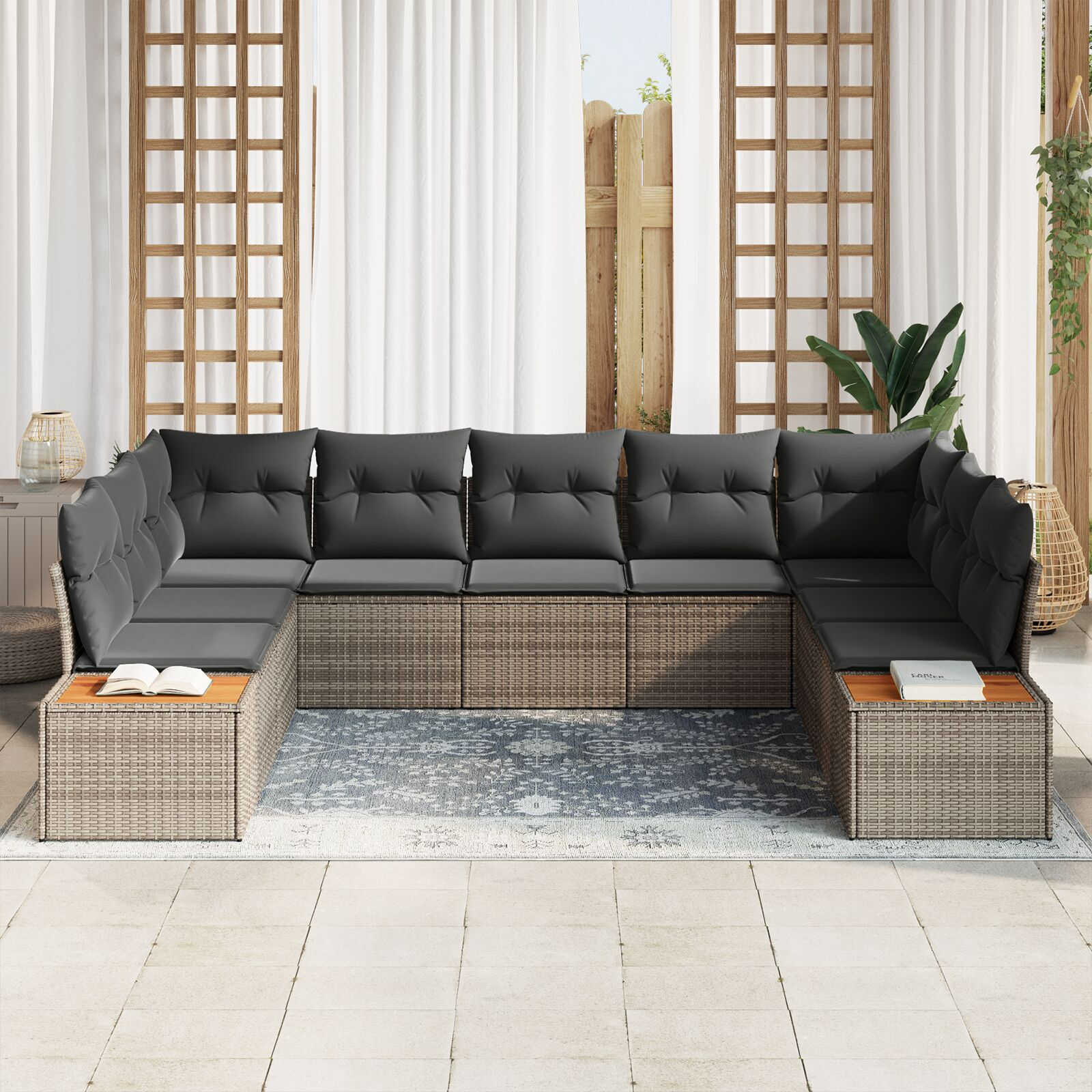 Set de canapea de grădină cu 9 piese și perne Gri Poliratan Acacia GartenMobel Dekor