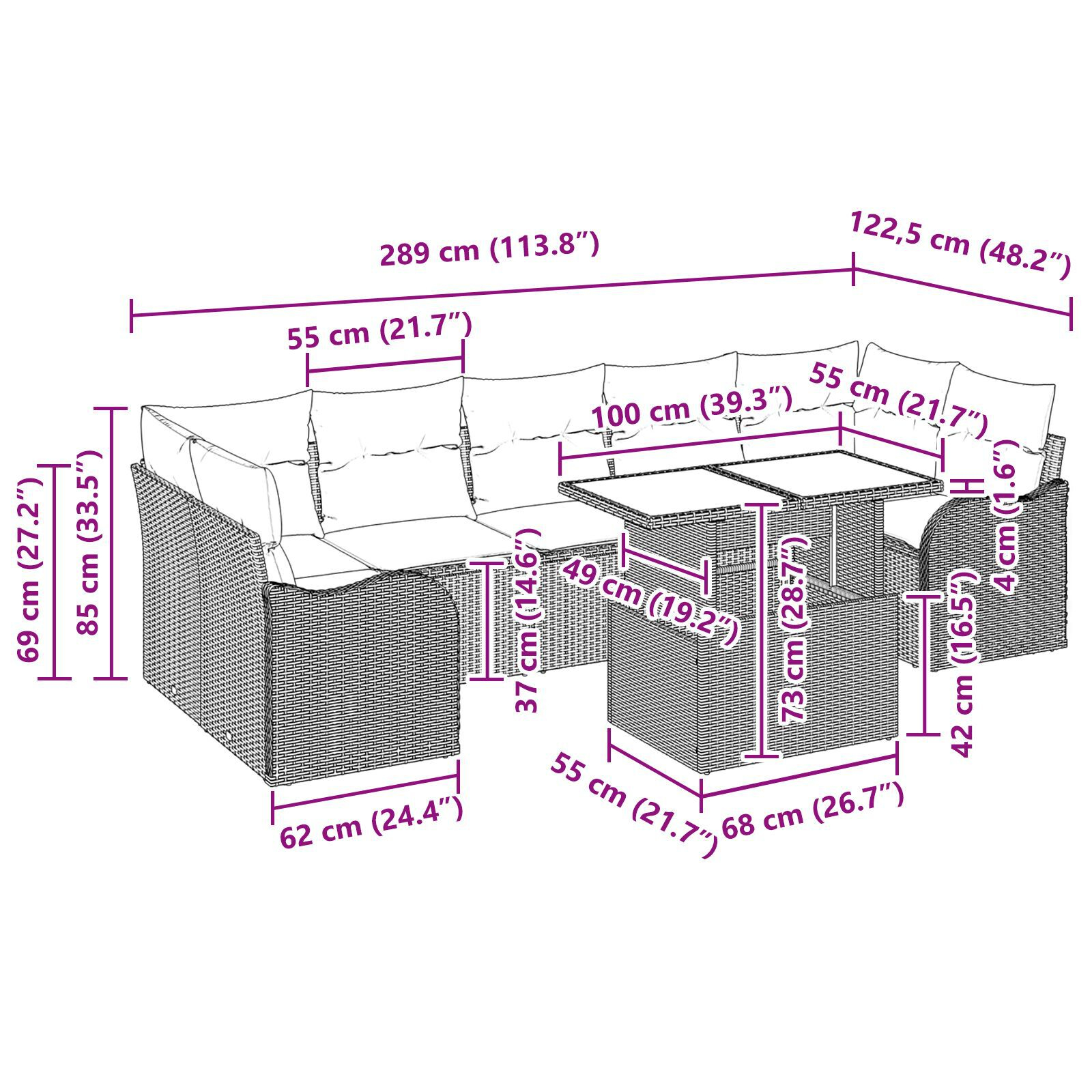 Set Canapea de Grădină cu 8 Piese cu Perne Gri Ratan Sintetic, Canapea de Grădină cu 2 Locuri cu Perne Gri Ratan Sintetic GartenMobel Dekor