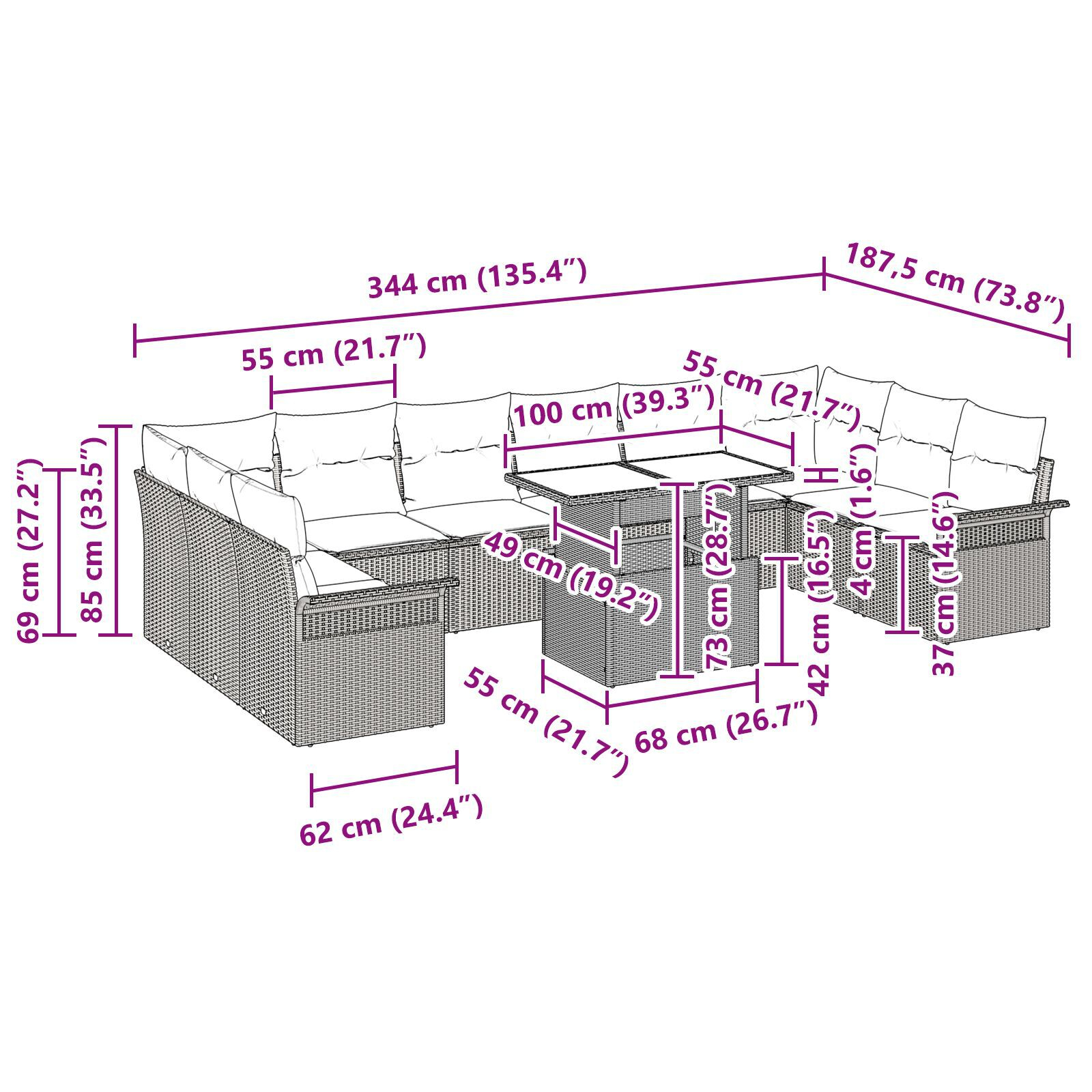 Set canapea 11 piese grădină cu perne Bej Poliratan GartenMobel Dekor