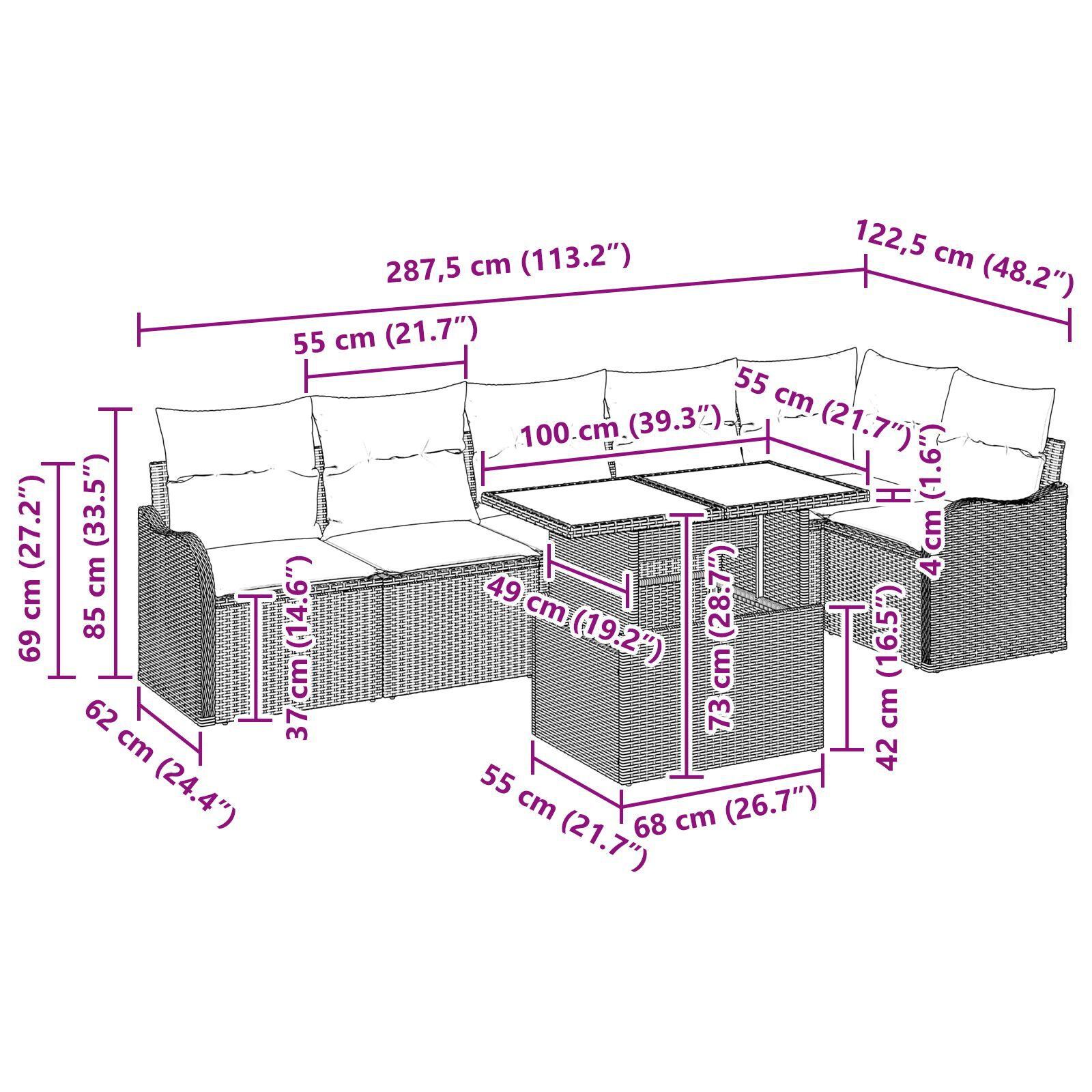 Set de Sofa de Grădină 7 Piese cu Perne Gri Poliratan, Sofa de Grădină 2-Seater cu Perne Gri Poliratan GartenMobel Dekor
