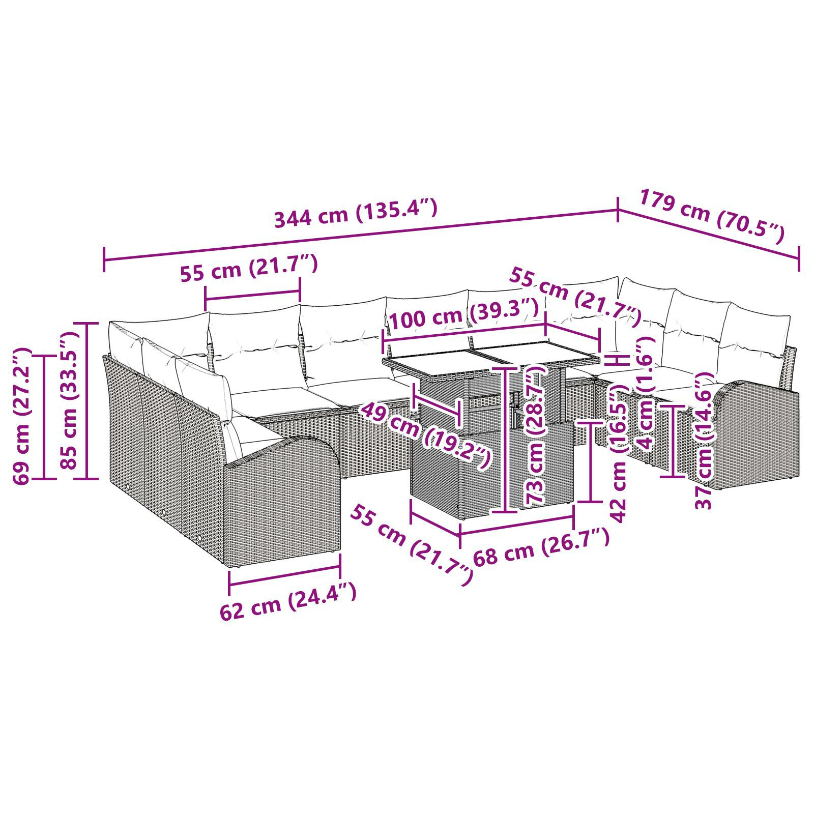 Set Canapea Grădină cu 11 Piese și Perne Maro din Ratan Poli GartenMobel Dekor
