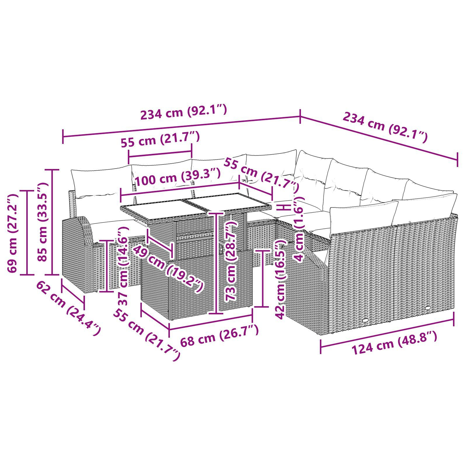 Set canapea 9 piese cu perne Negru Ratan Poli GartenMobel Dekor