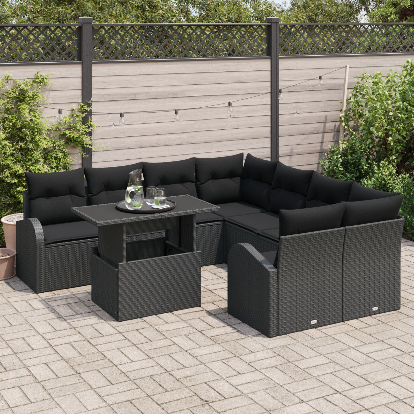 Set canapea 9 piese cu perne Negru Ratan Poli GartenMobel Dekor