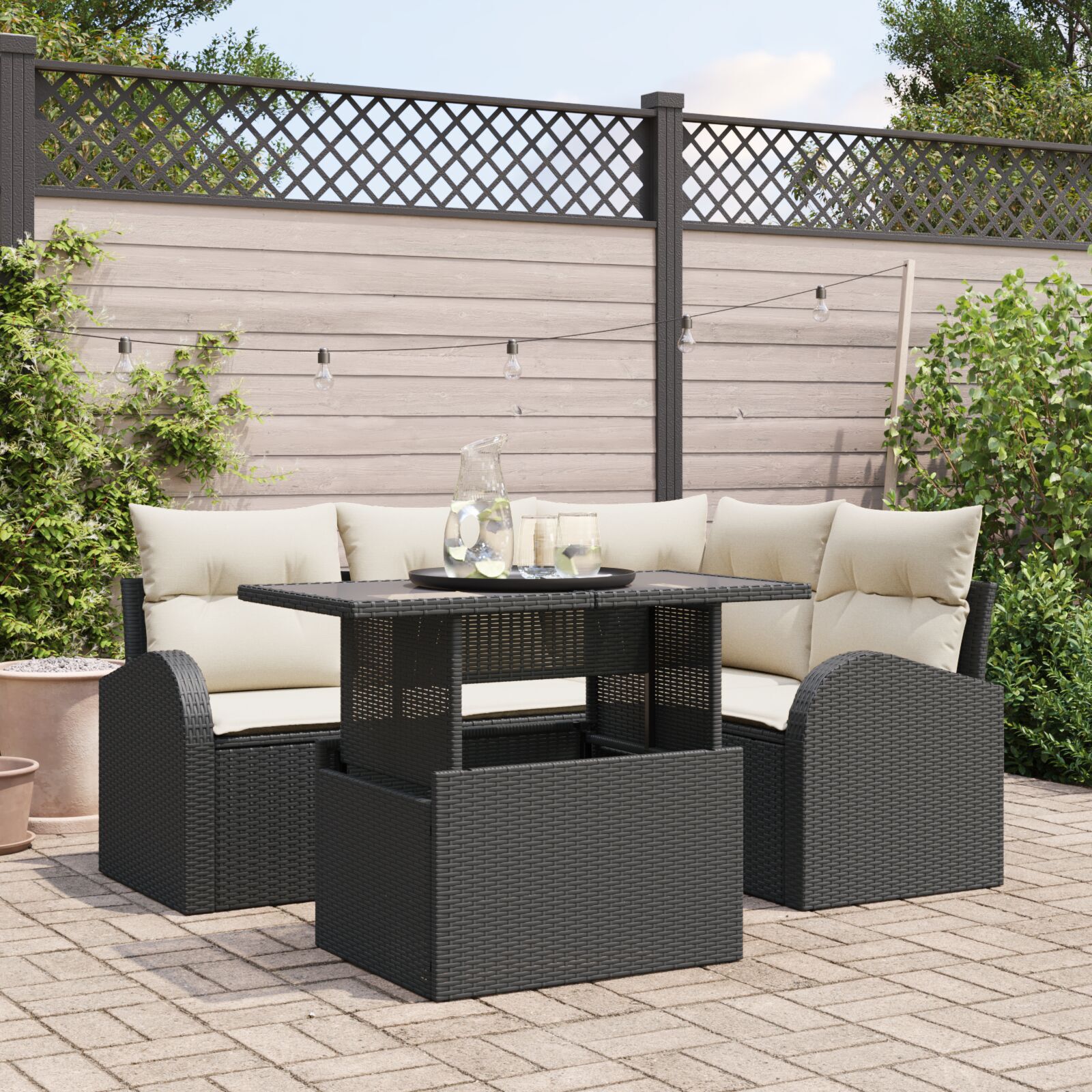 Set de Sofa de Grădină cu 5 Piese cu Pernițe Negru Poliratan GartenMobel Dekor