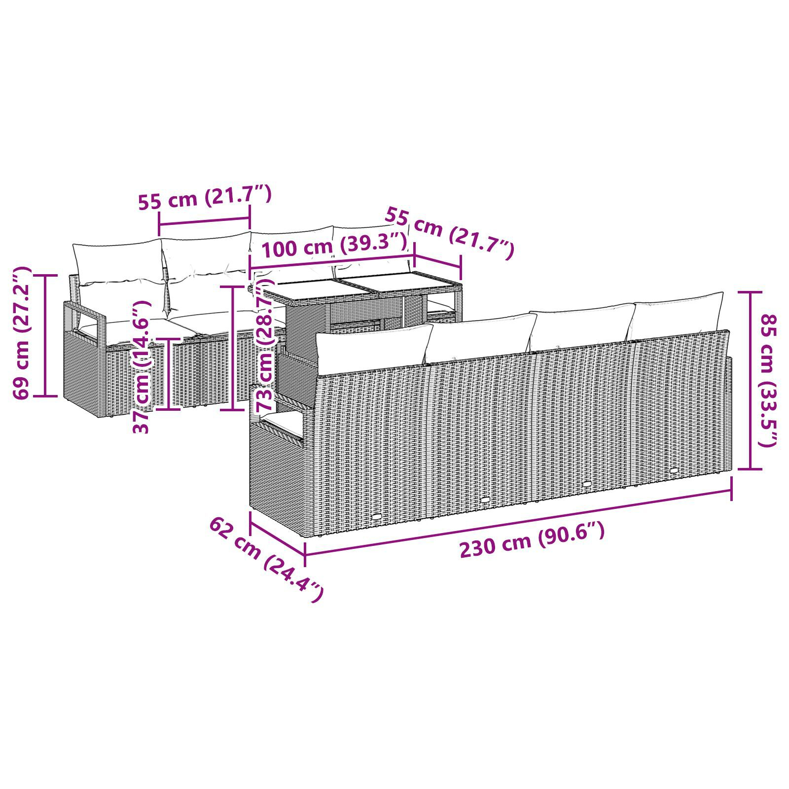 Set de canapea de grădină cu 9 piese și perne Negru Rattan Polimer, Canapea de grădină pentru 2 persoane cu perne Negru Rattan Polimer GartenMobel Dekor
