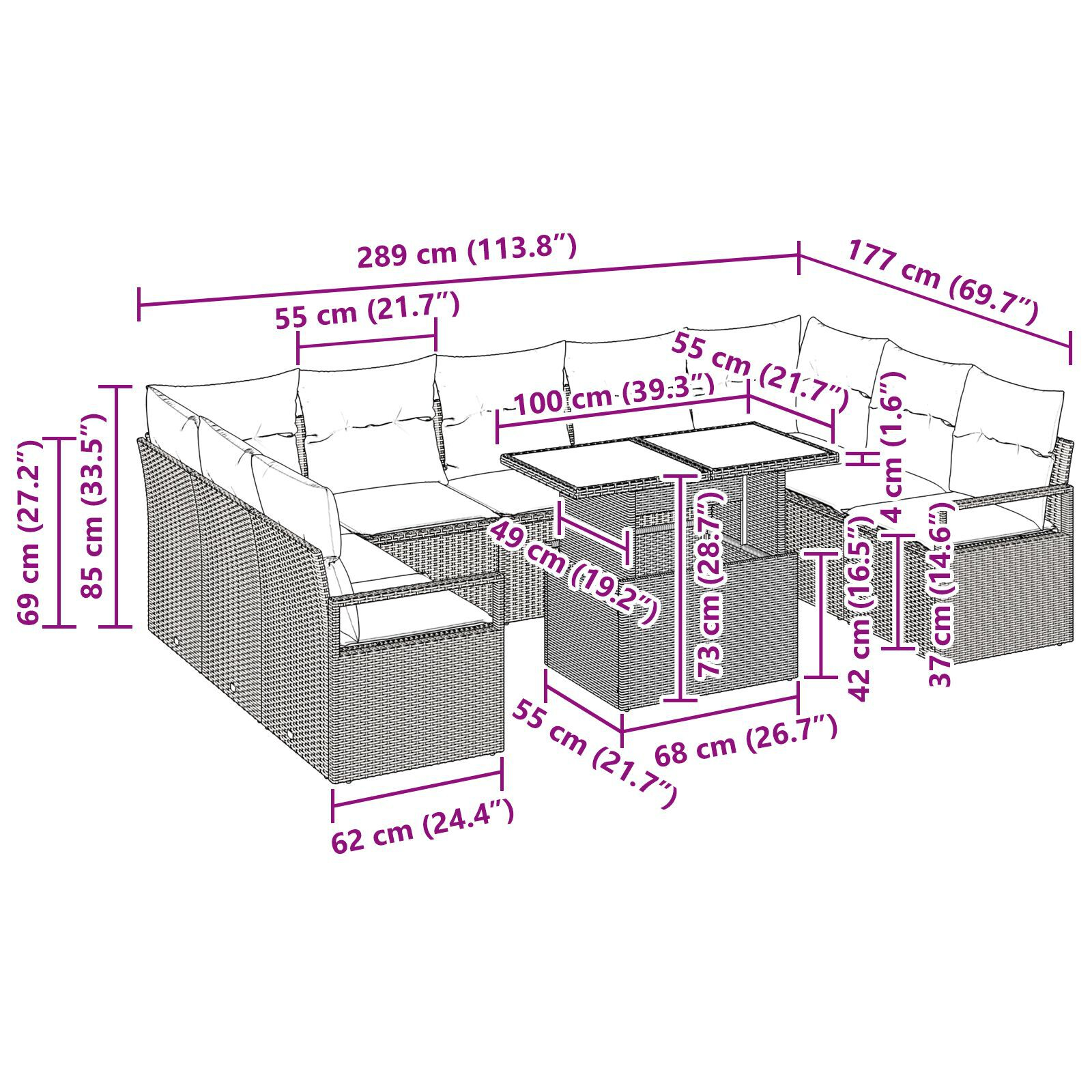 Set de Canapea pentru Grădină cu 10 Piese cu Perne Gri din Ratan Poli, Canapea pentru Grădină cu 2 Locuri cu Perne Gri din Ratan Poli GartenMobel Dekor