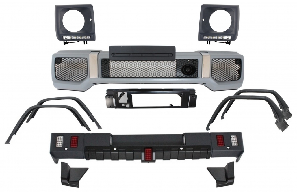 Pachet Exterior Mercedes G-Class W463 (1989-2018) G63 G65 Design cu Prelungiri Aripi Extensii si Carcasa faruri cu Lumini de zi dedicate LED DRL Performance AutoTuning