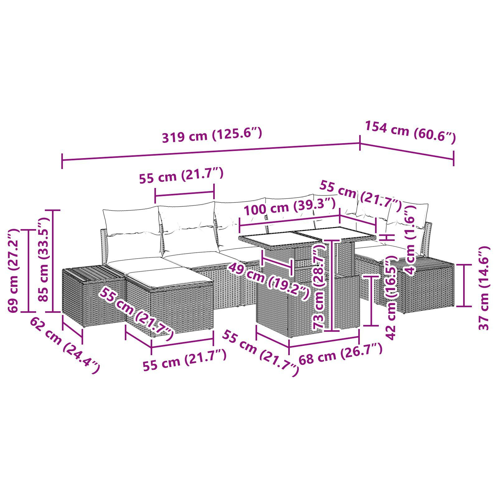 Set de canapele pentru grădină , 8 piese, cu perne, negru, poliratan GartenMobel Dekor