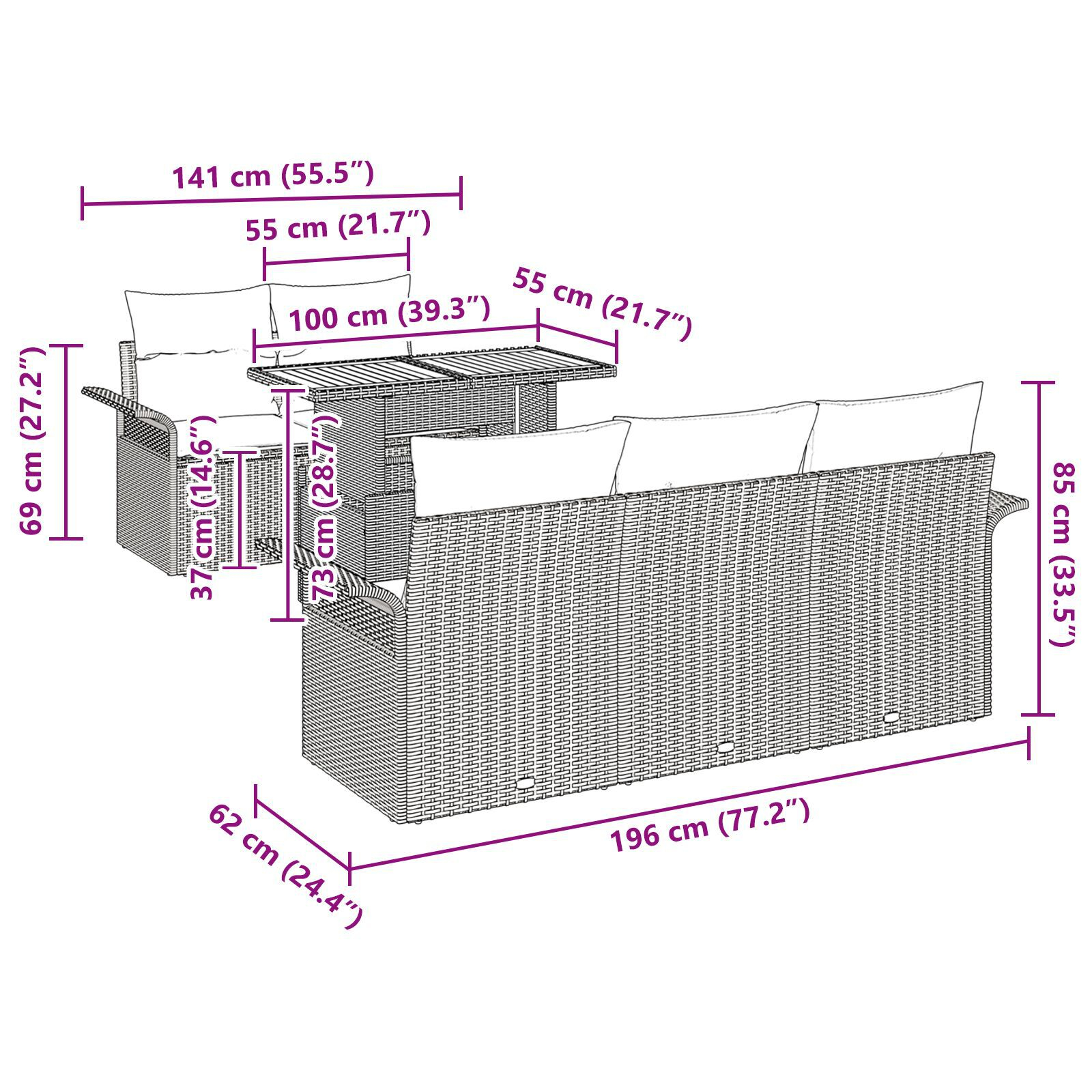 Set de canapea de grădină cu 6 piese și perne, Ratan negru și lemn GartenMobel Dekor