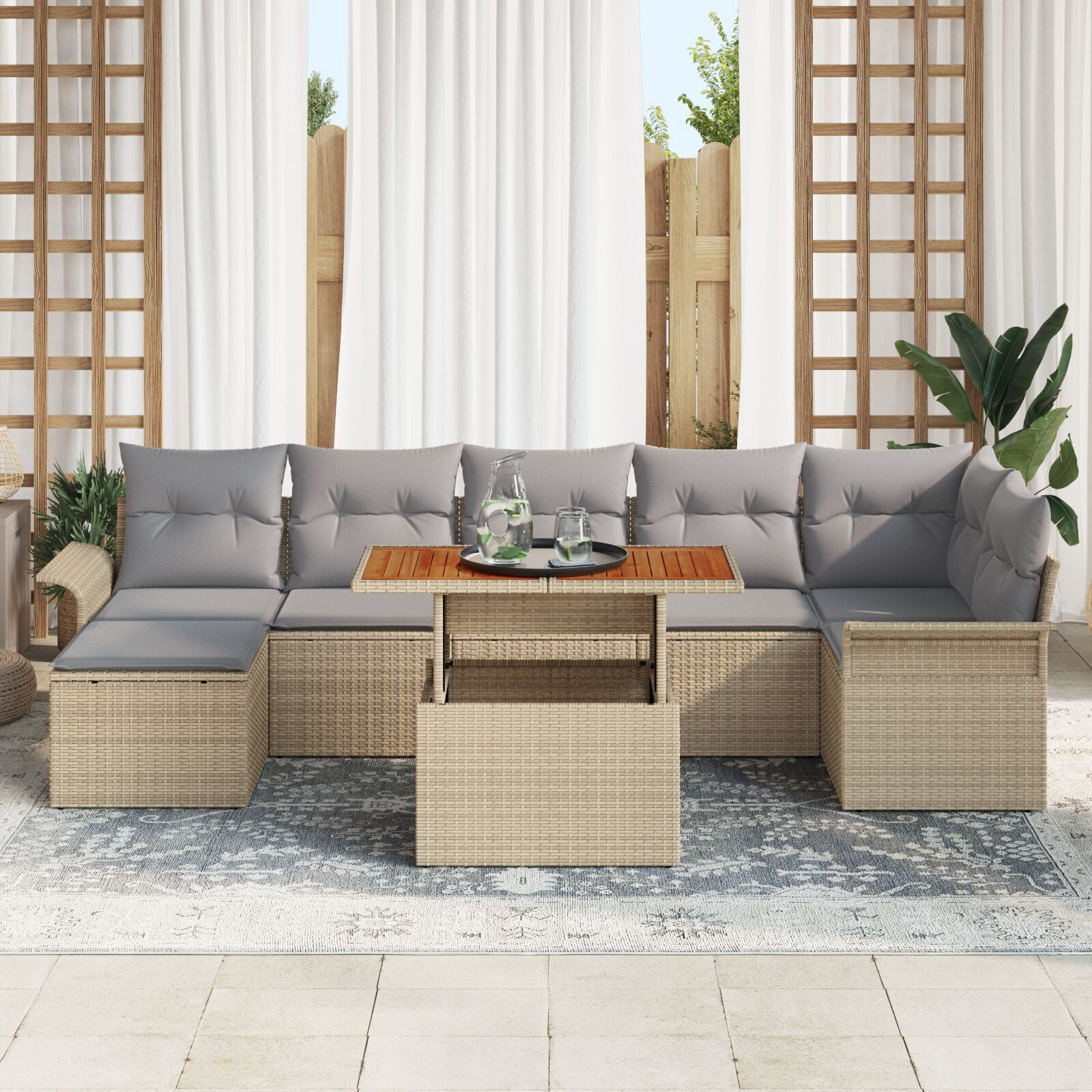 Set de dining pentru grădină de 8 piese cu perne Bej Ratan PE Acacia GartenMobel Dekor