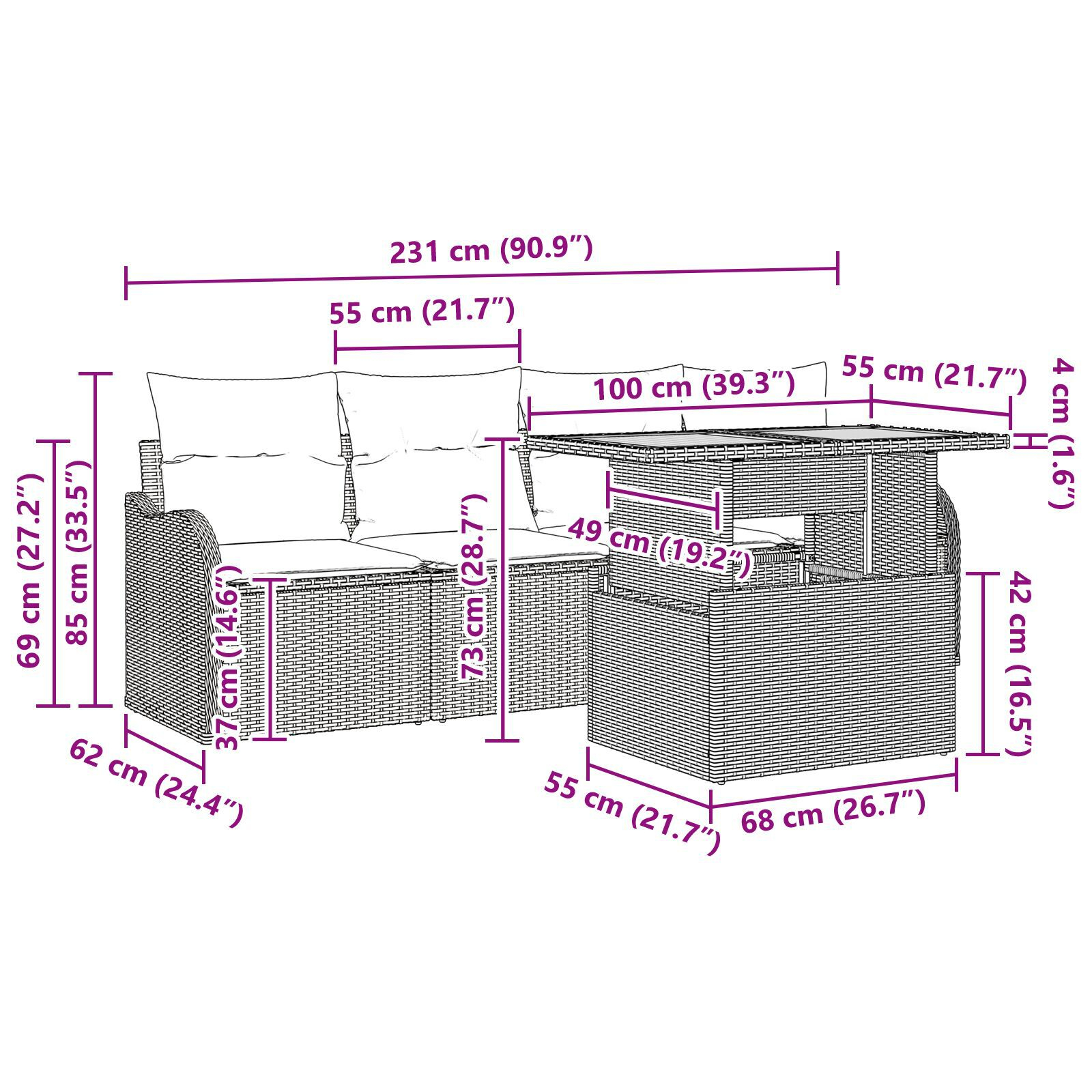 Set canapea de grădină de 5 piese cu perne Bej Ratan Poli Acacia, Canapea de grădină pentru 2 persoane cu perne Bej Ratan Poli GartenMobel Dekor