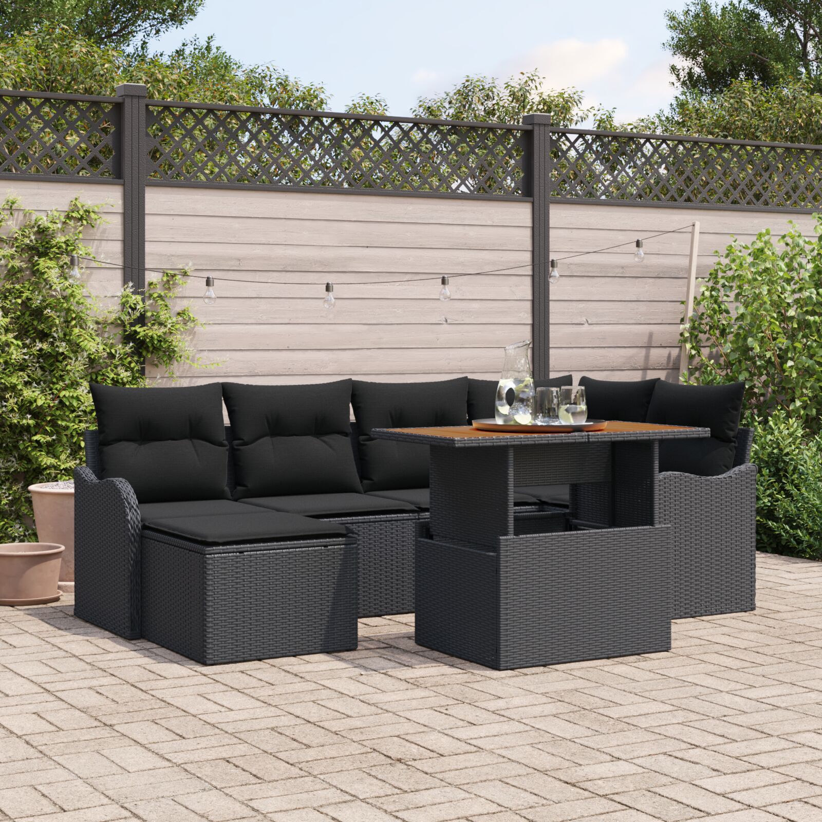 Set de 7 Piese Sofa Grădină cu Pernuțe Negru din Ratan Polimer Acacia, Sofa Grădină cu 2 Locuri și Pernuțe Negre din Ratan Polimer GartenMobel Dekor