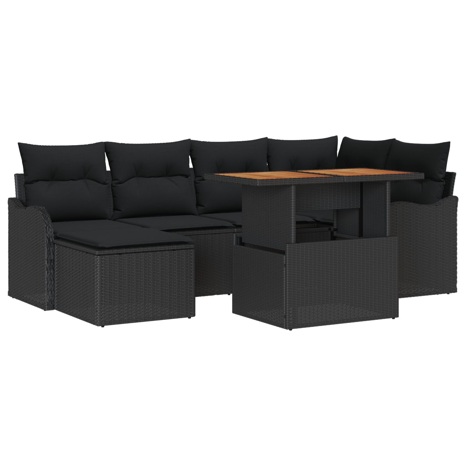 Set de 7 Piese Sofa Grădină cu Pernuțe Negru din Ratan Polimer Acacia, Sofa Grădină cu 2 Locuri și Pernuțe Negre din Ratan Polimer GartenMobel Dekor