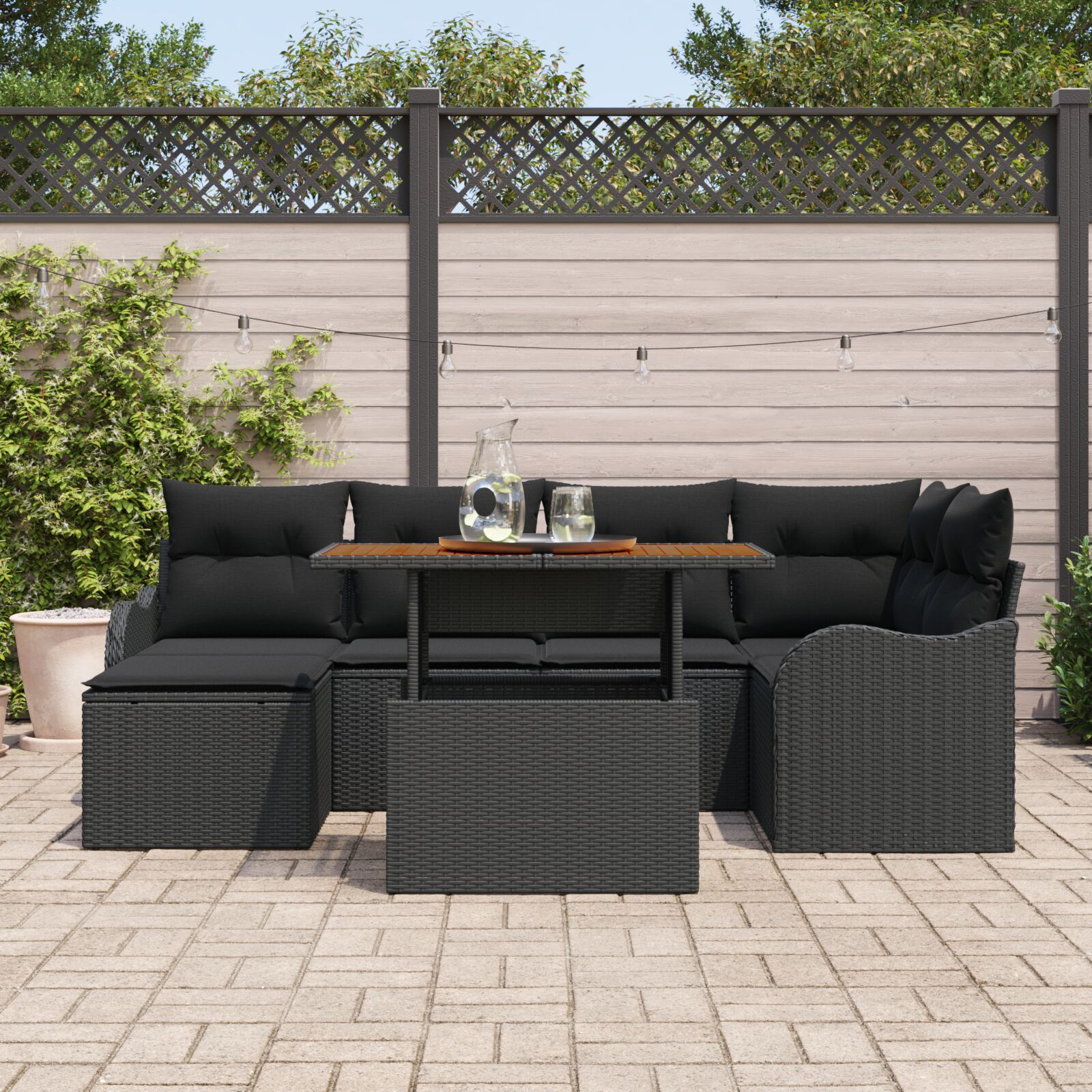 Set de 7 Piese Sofa Grădină cu Pernuțe Negru din Ratan Polimer Acacia, Sofa Grădină cu 2 Locuri și Pernuțe Negre din Ratan Polimer GartenMobel Dekor