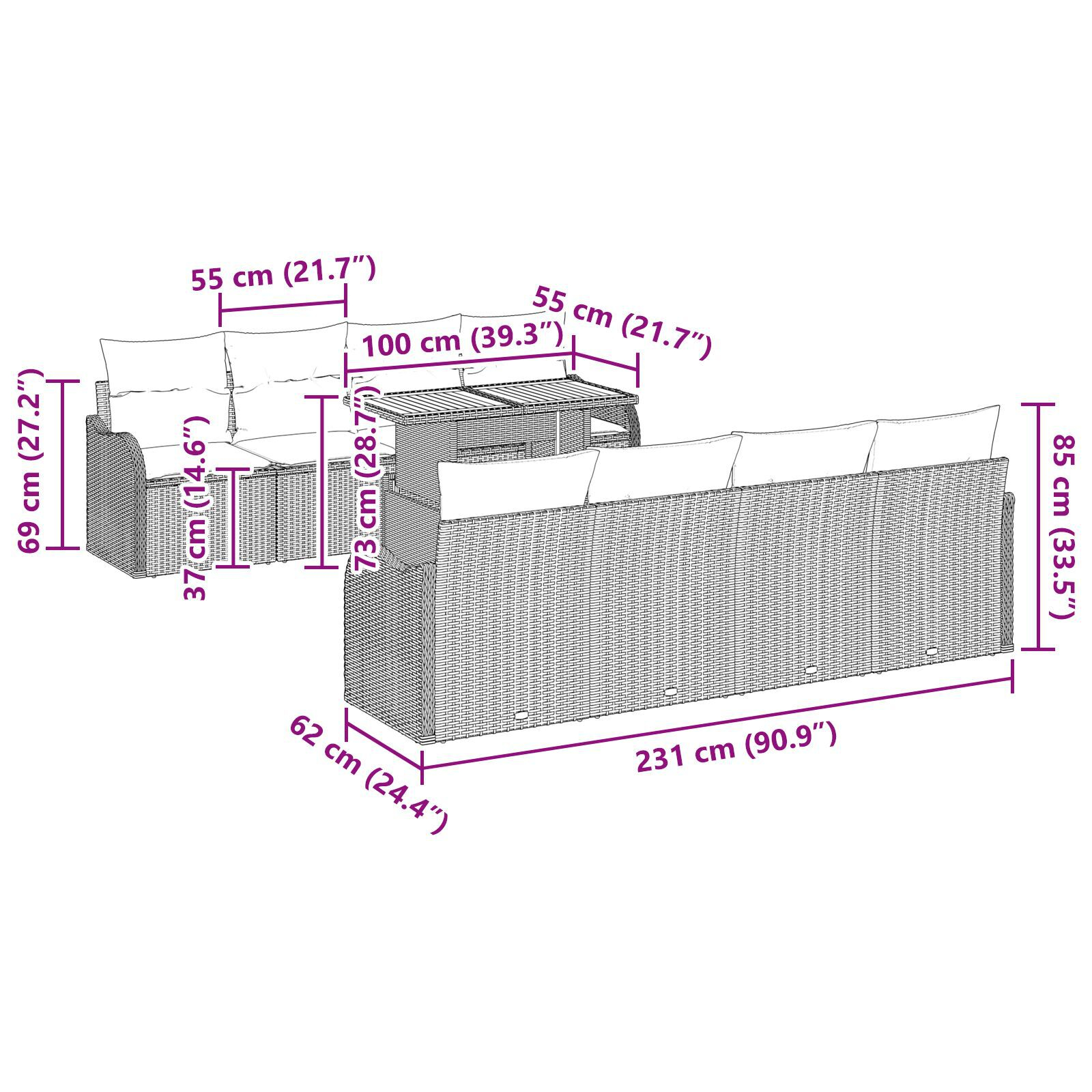 Set de canapea pentru grădină cu perne negre din ratan poli Acacia, Canapea de grădină cu 2 locuri și perne negre din ratan poli GartenMobel Dekor
