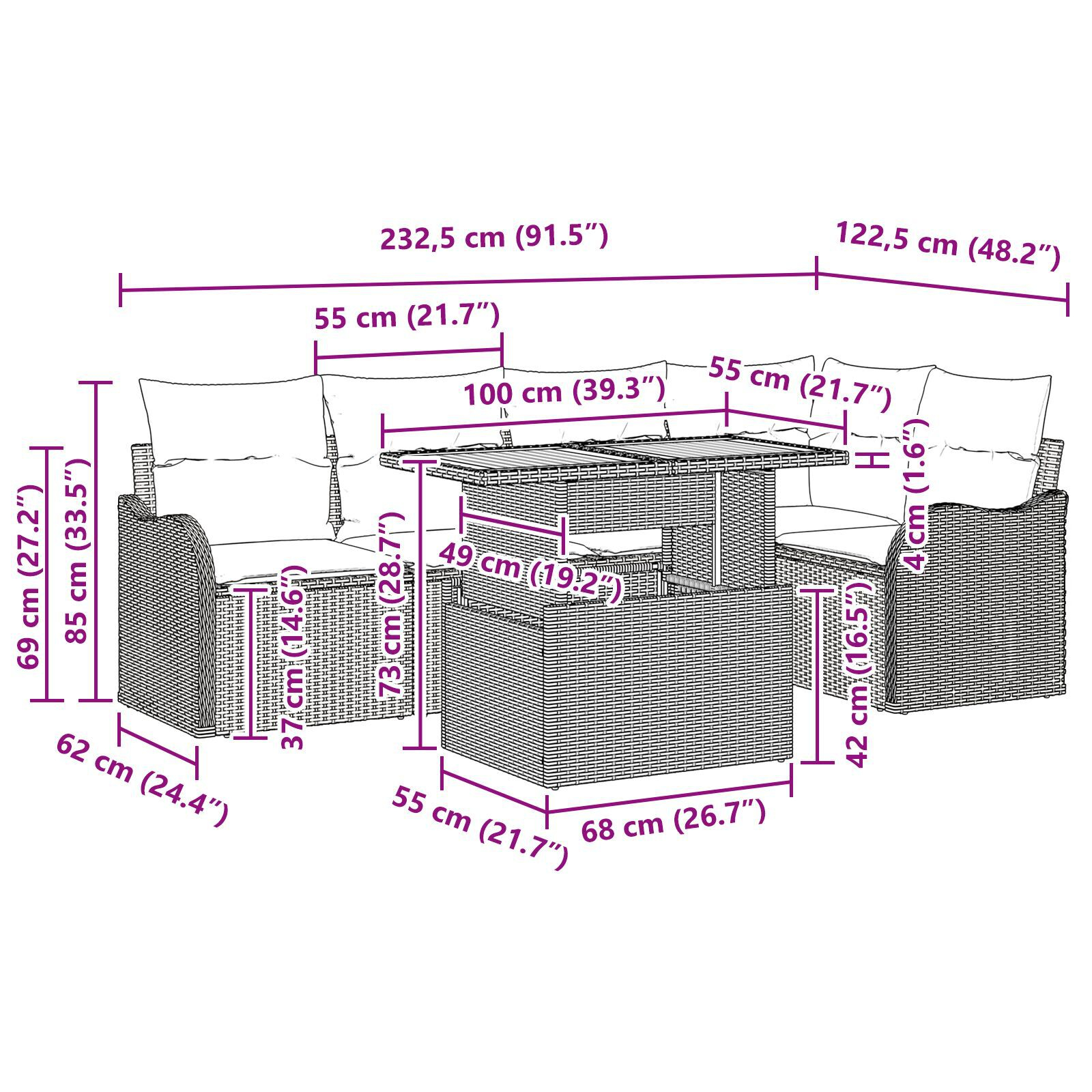 Set de canapele grădină cu 6 piese și perne Ratan poli negru Acacia, Canapea grădină cu 2 locuri și perne Ratan poli negru GartenMobel Dekor