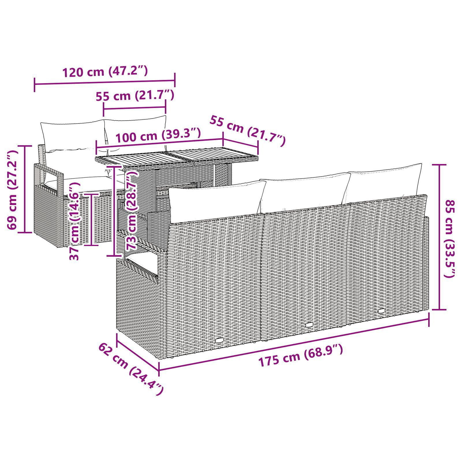Set canapea pentru grădină cu 6 piese și perne gri din polyratan acacia, Canapea de grădină cu 2 locuri și perne gri din polyratan GartenMobel Dekor