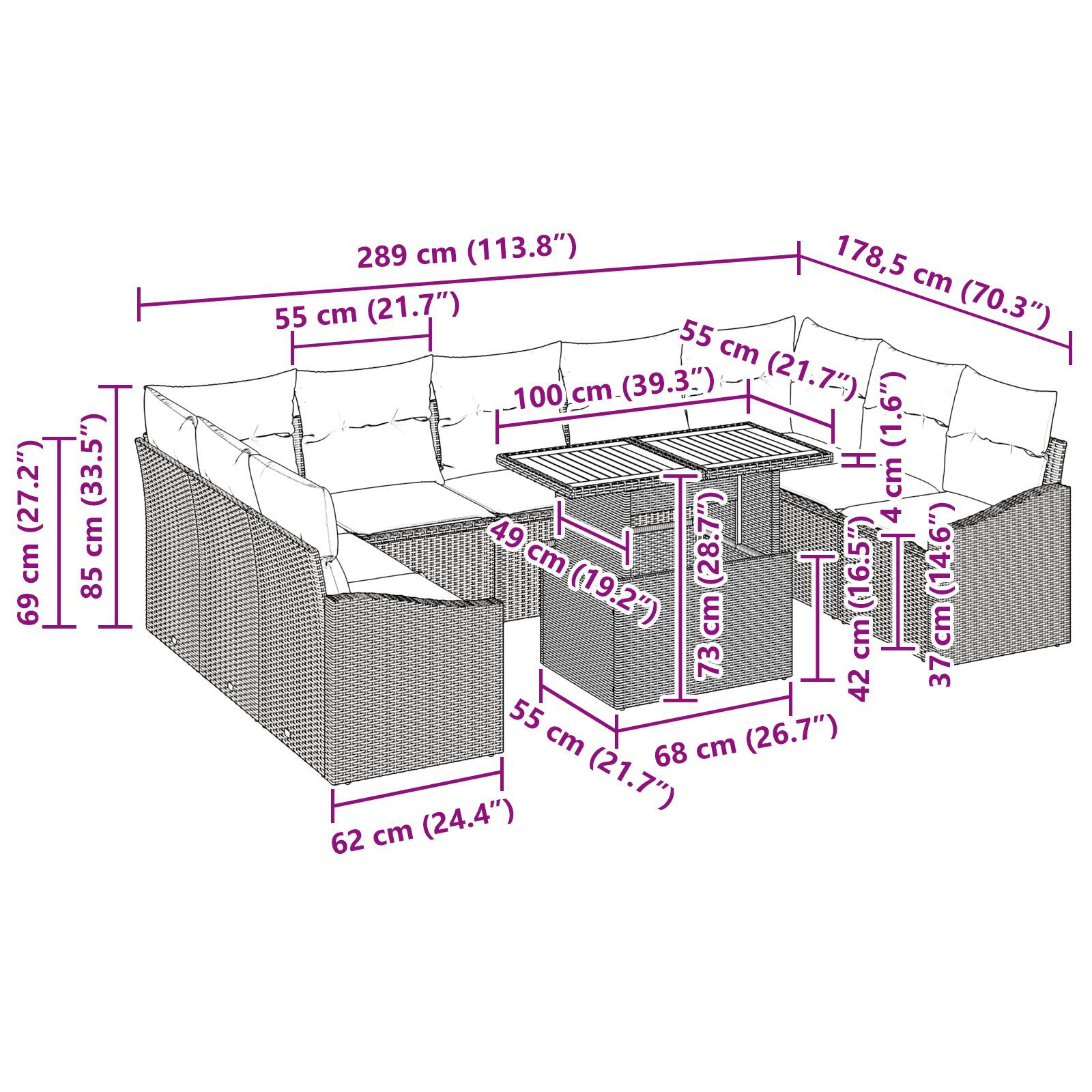 Set de mese pentru grădină de 10 piese cu perne Gri Poliratan Acacia GartenMobel Dekor