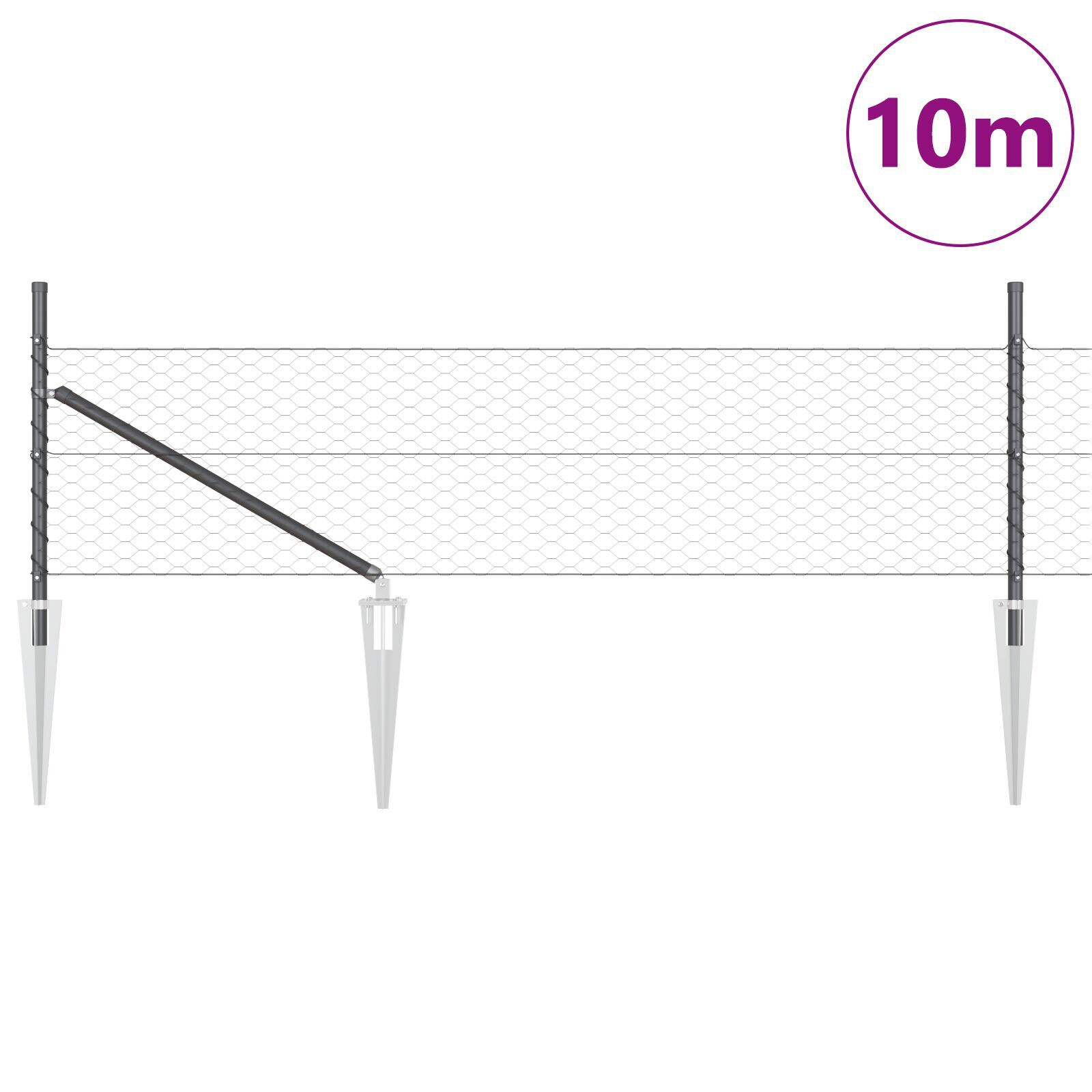 Gard Hexagonal  Gri 0.5x10 m Oțel, Stâlpi de Gard  cu Spike 7 buc Ø32 mm 80 cm Oțel galvanizat GartenMobel Dekor