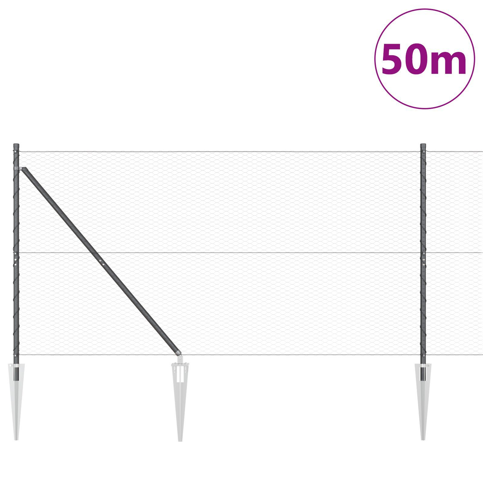 Gard Hexagonal Gri 1,4x50 m Metal, Posturi pentru Gard  cu Vârf 13 buc Ø32 mm 160 cm Oțel Zincat GartenMobel Dekor