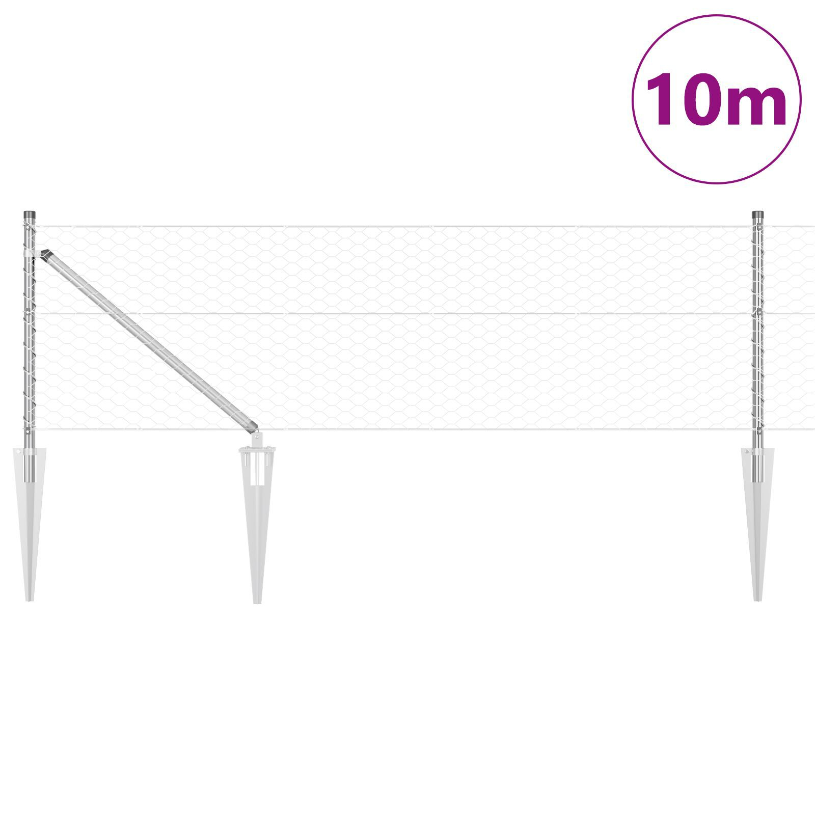 Gard Hexagonal  0.6x10 m Oțel Galvanizat, Stâlpi de Gard  cu Țepușe 7 buc Ø32 mm 80 cm Oțel Galvanizat GartenMobel Dekor