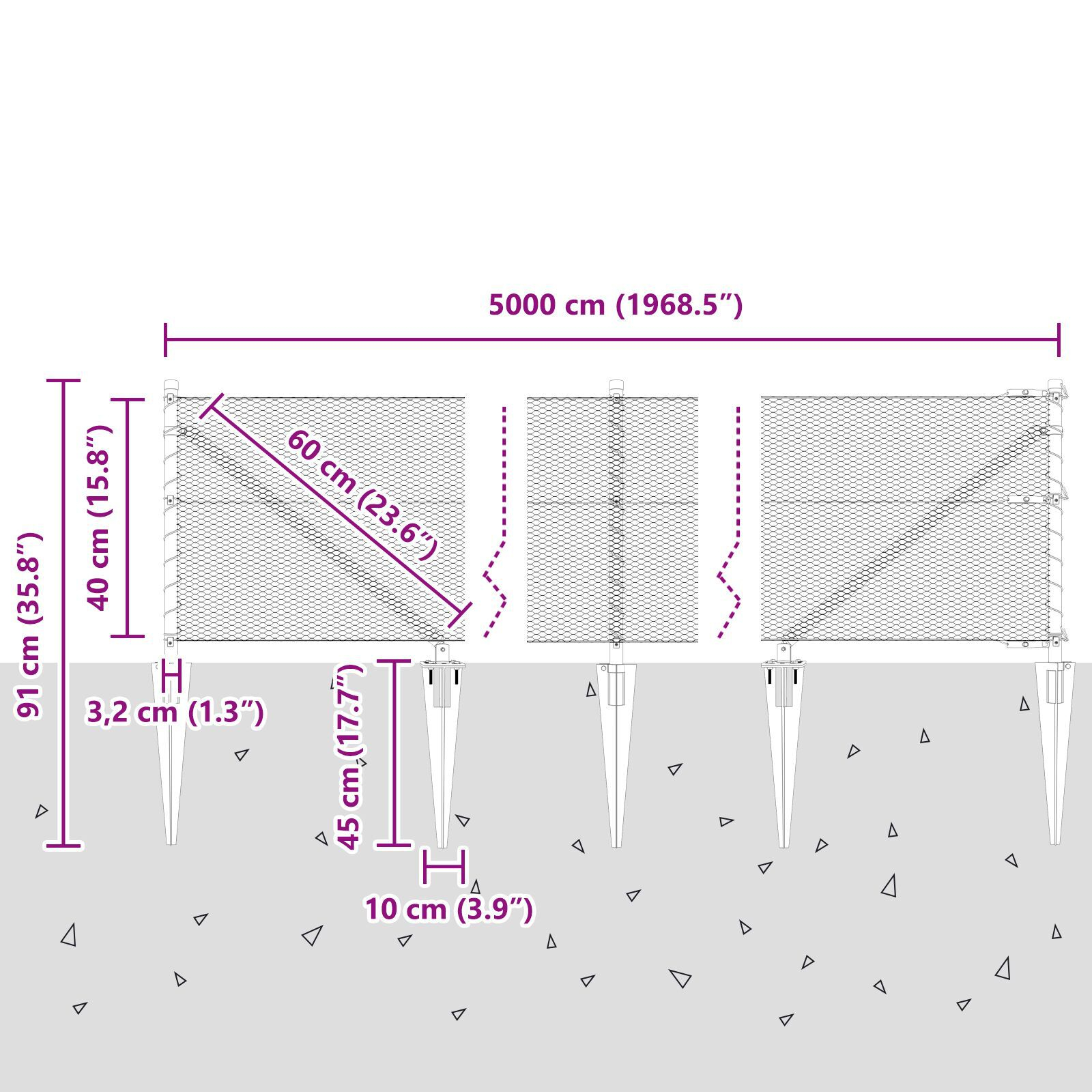Gard Hexagonal  Gri 0.4x50 m Oțel, Stâlpi de Gard  cu Vârf 13 buc Ø32 mm 60 cm Oțel Galvanizat GartenMobel Dekor