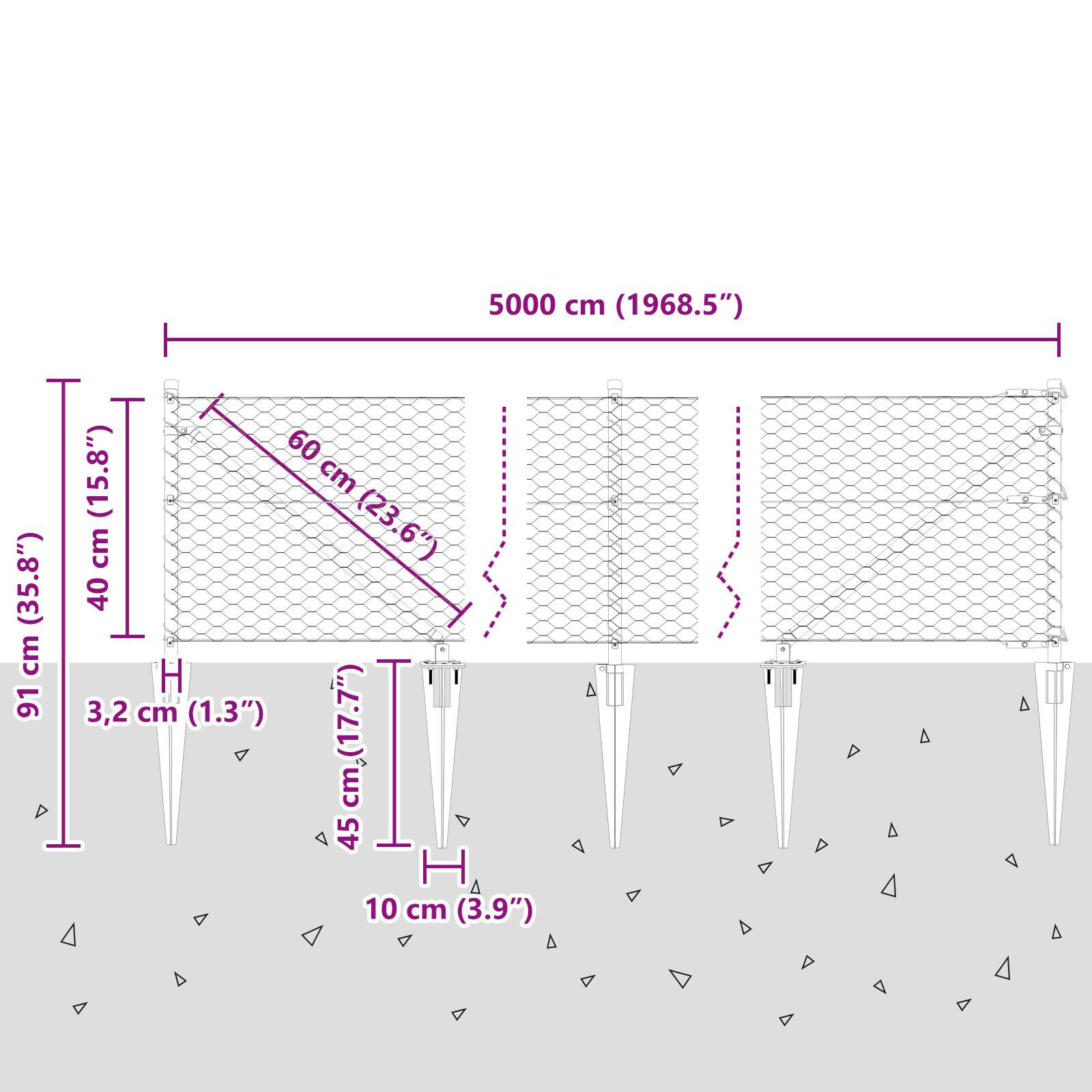 Gard Hexagonal  Gri 0.4x50 m Oțel, Stâlpi de gard  cu vârf 13 buc Ø32 mm 60 cm Oțel galvanizat GartenMobel Dekor