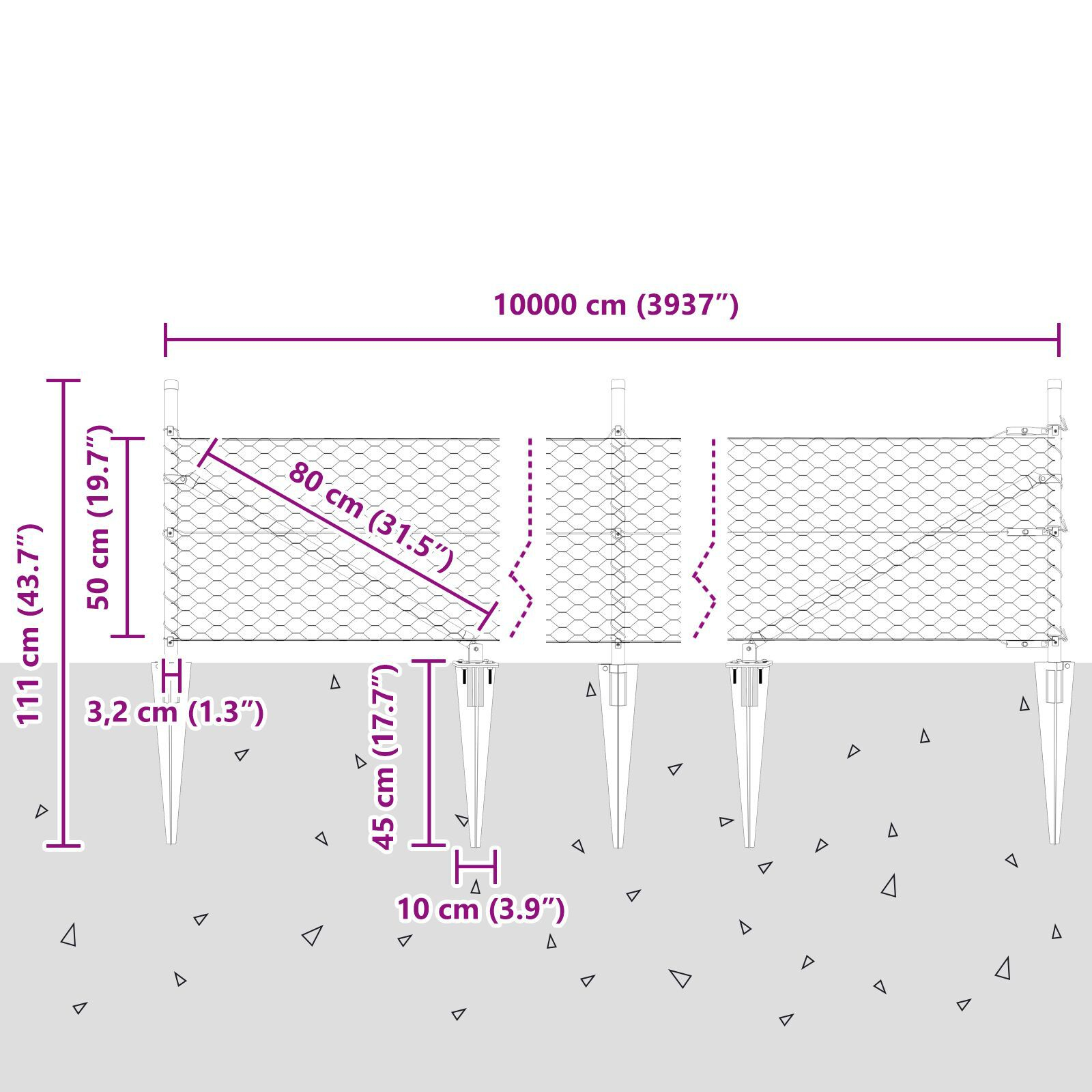 Gard Hexagonal  Gri 0,5x100 m Oțel, Stâlpi de gard  cu vârf 13 buc Ø32 mm 80 cm Oțel galvanizat GartenMobel Dekor