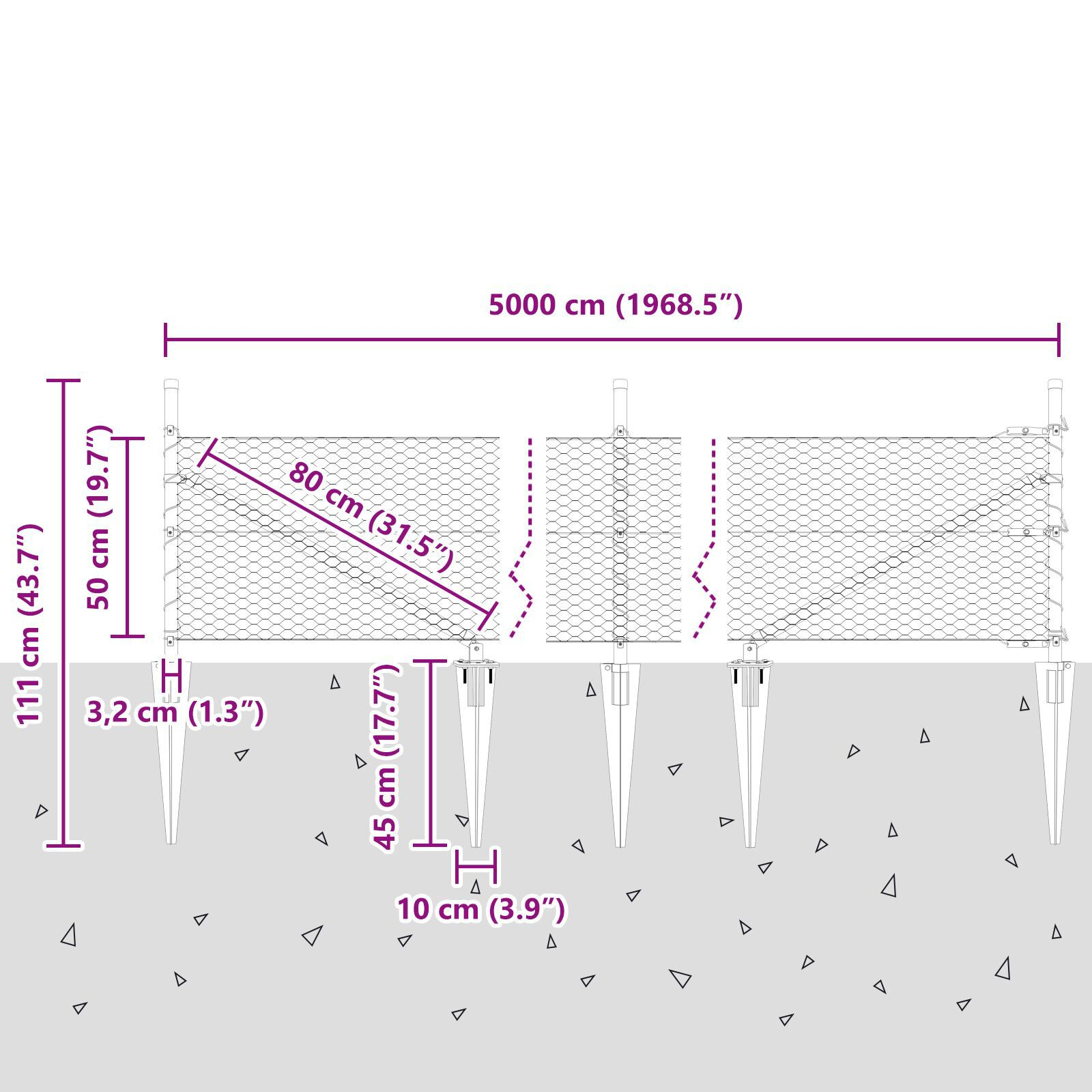Gard Hexagonal  Gri 0.5x50 m Oțel, Paliere de Gard  cu Spike 13 buc Ø32 mm 80 cm Oțel galvanizat GartenMobel Dekor
