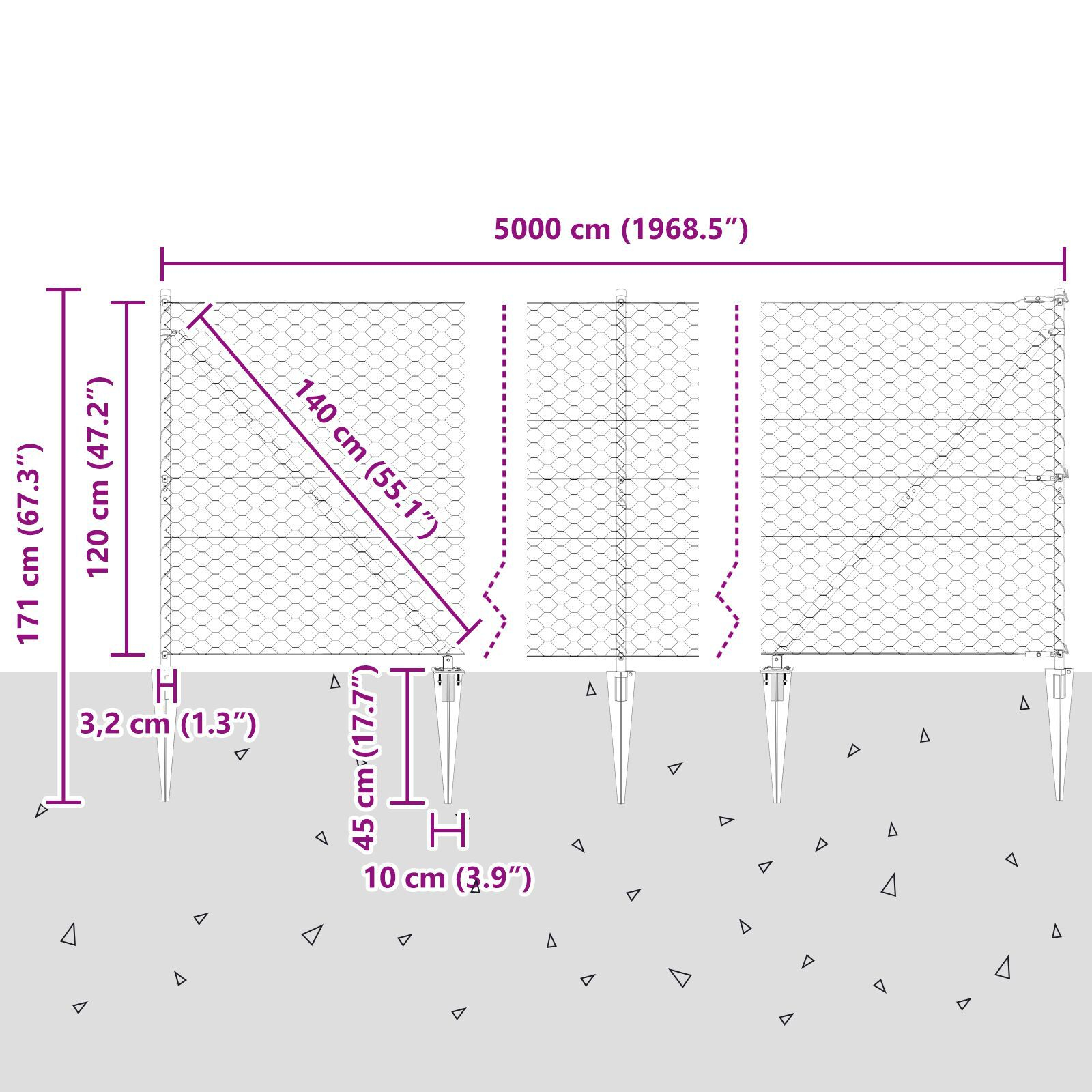 Gard Hexagonal  Gri 1.2x50 m Oțel, Stâlpi de Gard  cu Spike 13 buc Ø32 mm 140 cm Oțel Zincat GartenMobel Dekor