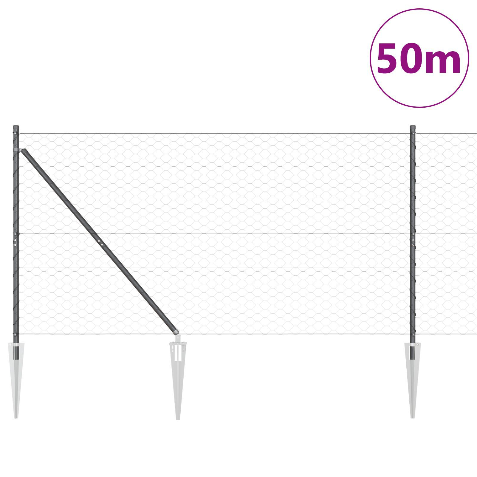 Gard Hexagonal  Gri 1.2x50 m Oțel, Stâlpi de Gard  cu Spike 13 buc Ø32 mm 140 cm Oțel Zincat GartenMobel Dekor