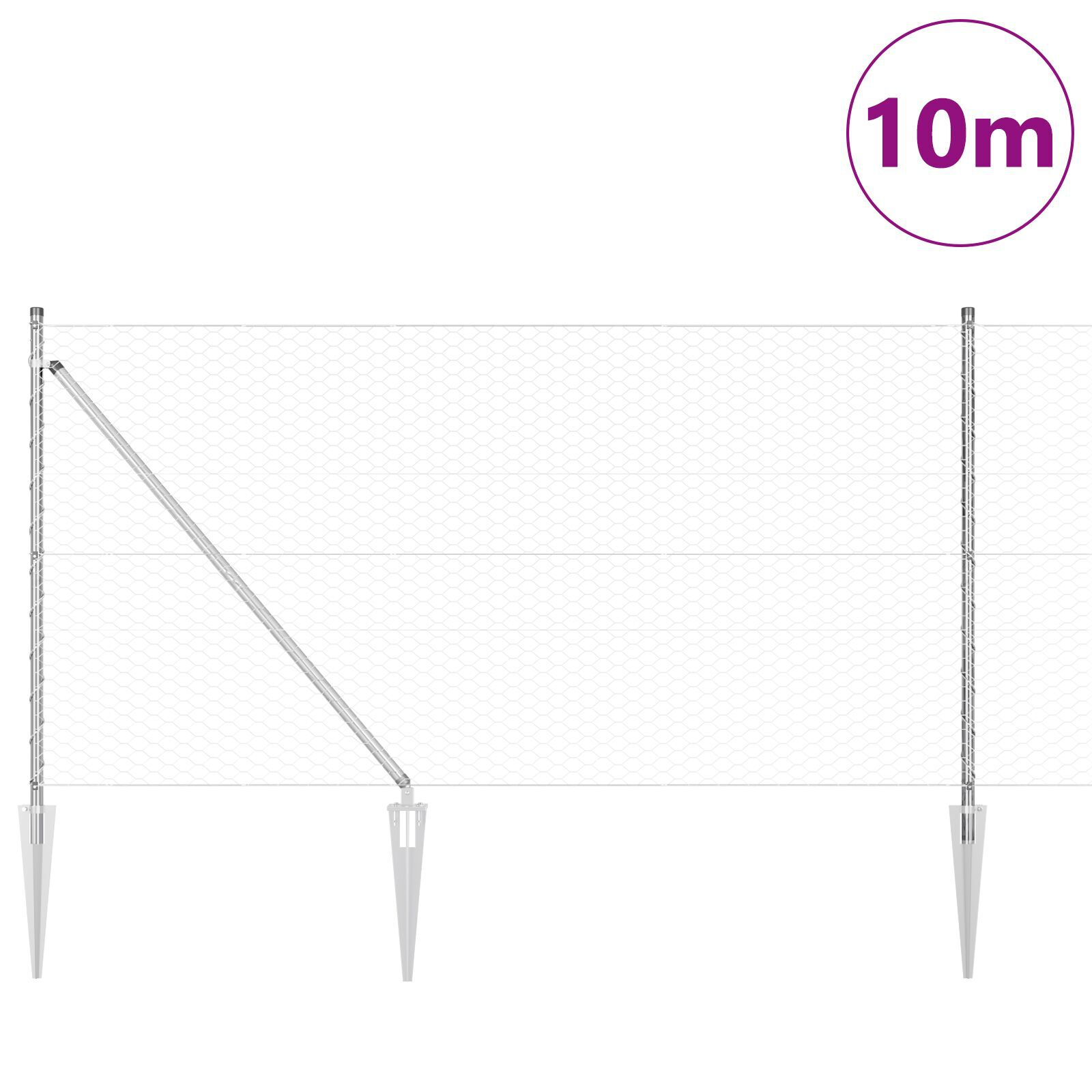 Gard hexagonal  1x10 m Oțel galvanizat, Stâlpi pentru gard  cu vârf 7 buc Ø32 mm 120 cm Oțel galvanizat GartenMobel Dekor
