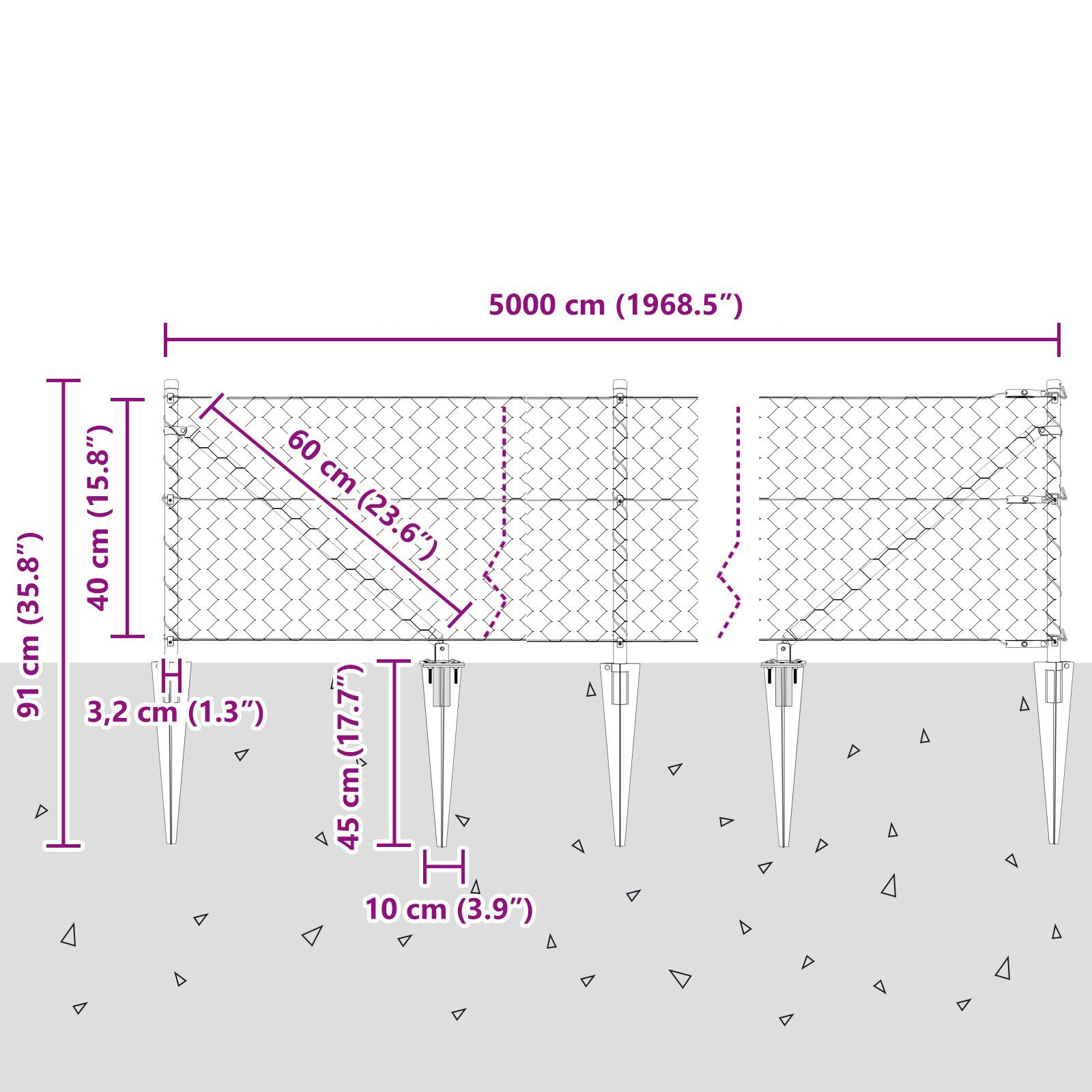 Gard hexagonal  Gri 0.4x50 m Oțel, Stâlpi de gard  cu vârf 13 buc Ø32 mm 60 cm Oțel galvanizat GartenMobel Dekor