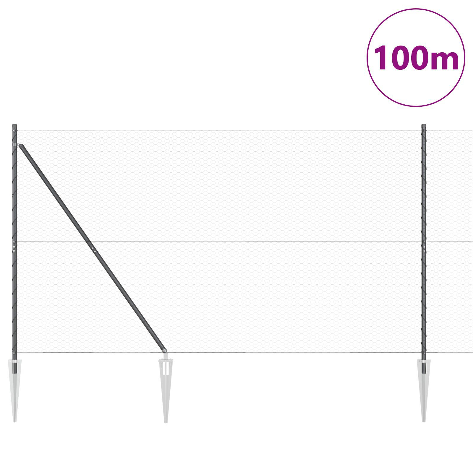Îngrădire hexagonală gri 1.6x100 m din oțel, Stâlpi de îngrădire cu țepușă 13 buc Ø32 mm 180 cm din oțel galvanizat GartenMobel Dekor