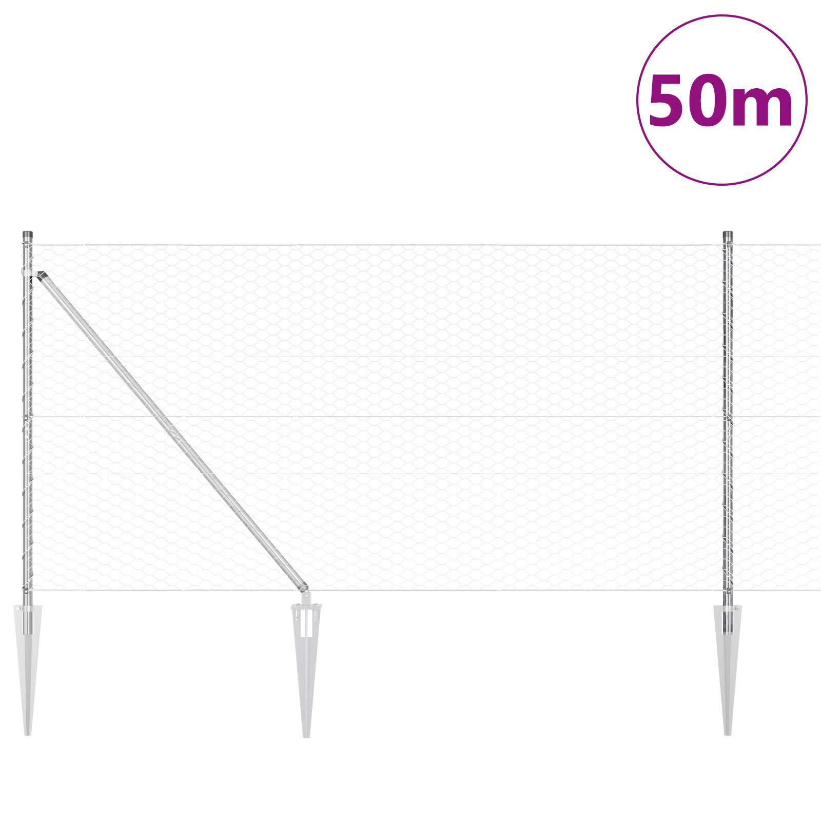 Gard Hexagonal 1.2x50 m Oțel Zincat, Stâlpi gard  cu vârf 13 buc Ø32 mm 140 cm Oțel Zincat GartenMobel Dekor